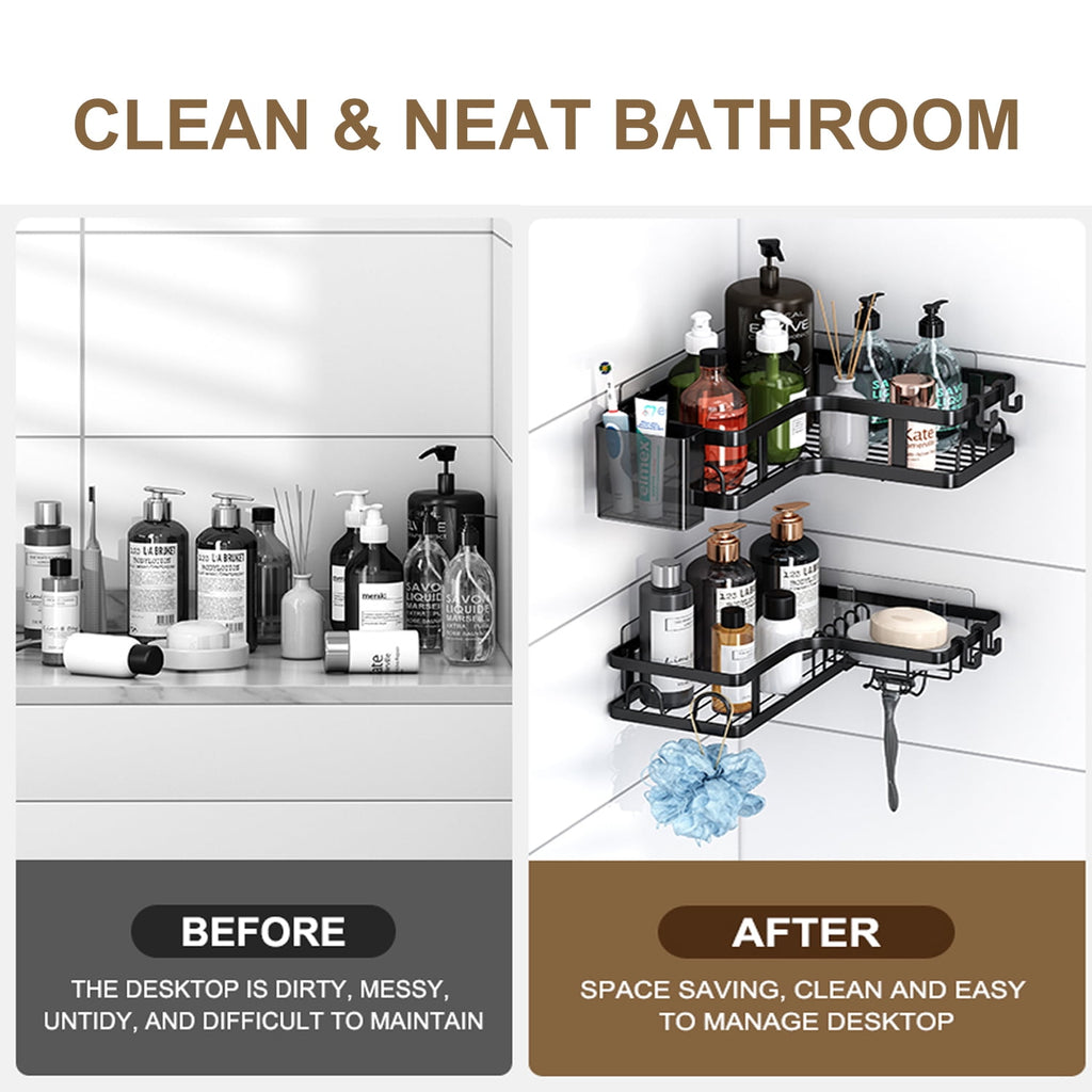 PHANCIR 5 PCS Corner Shower Caddy, No Drilling Stainless Steel Shower Storage Rack with Hooks & Toothpaste Holder for Bathroom, Black - Image 6