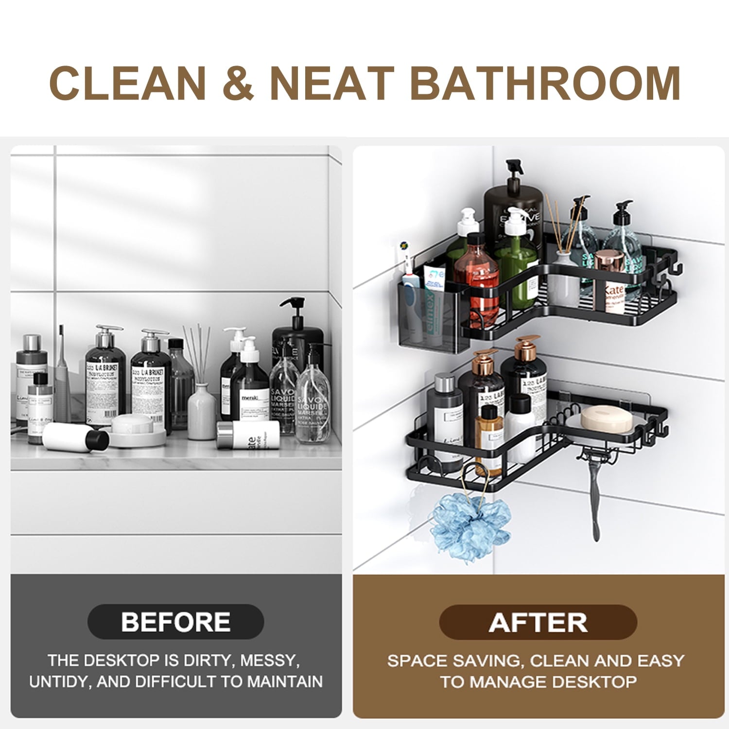 PHANCIR 5 PCS Corner Shower Caddy, No Drilling Stainless Steel Shower Storage Rack with Hooks & Toothpaste Holder for Bathroom, Black - Image 6