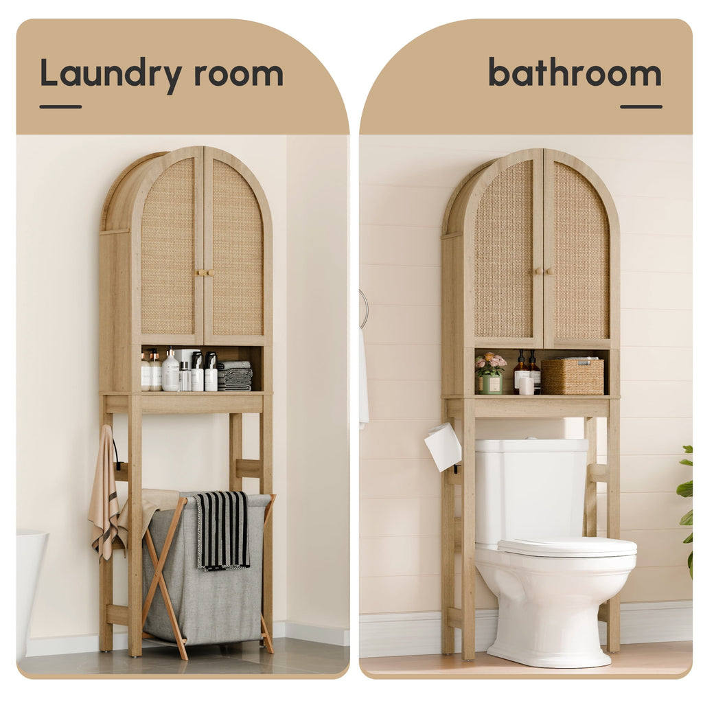The Toilet Storage Cabinet, Bathroom Storage Shelf Organizer with Rattan Doors, Freestanding Above The Toilet Storage... - Image 5