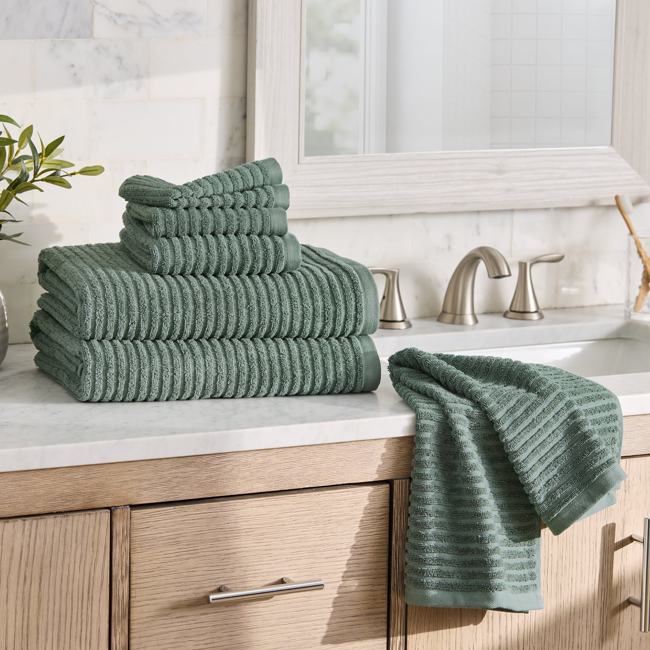 PowerLoft 6 Piece Bath Towel Set, Green Ash Textured Stripe - Image 2