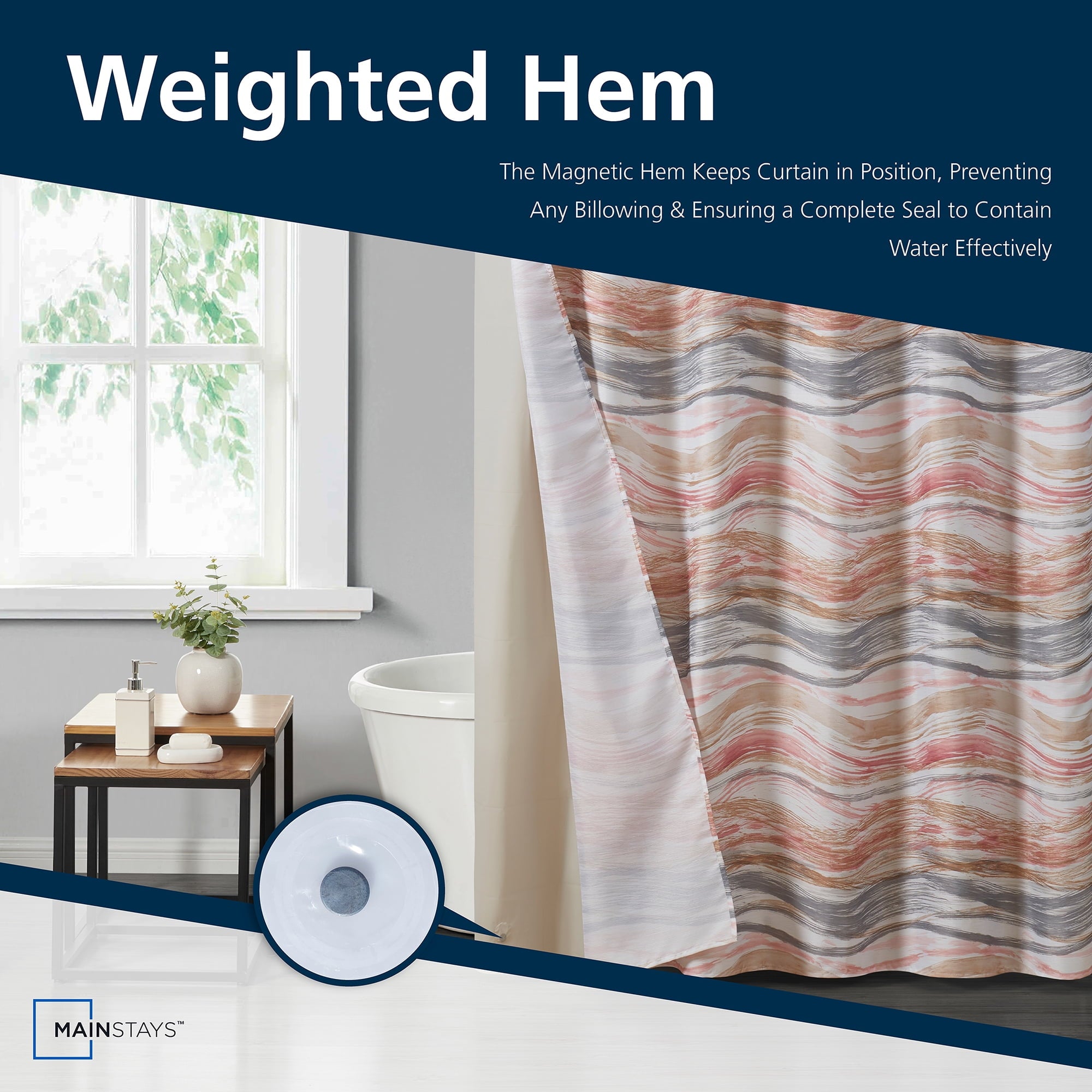 14-Piece Wave Shower Curtain Set 72" x 72" Fabric Curtain, Liner & Metal Hooks, Moisture-Repellent, Machine Washable - Image 6