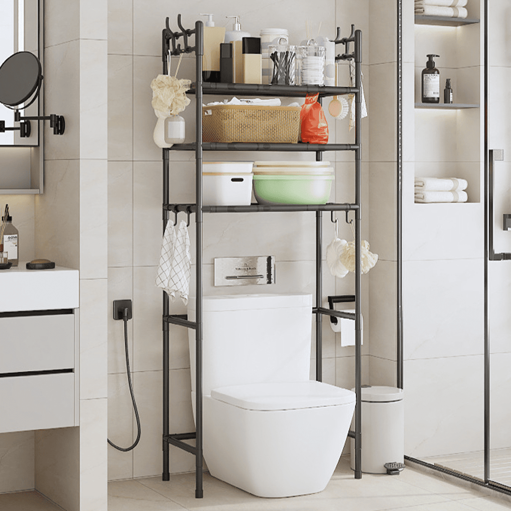 Clearance! Over The Toilet Storage Shelf, 3-Tier Above Toilet Storage Organizer Rack with Hooks, Freestanding Bathroom Tower Shelf Unit for - Image 2