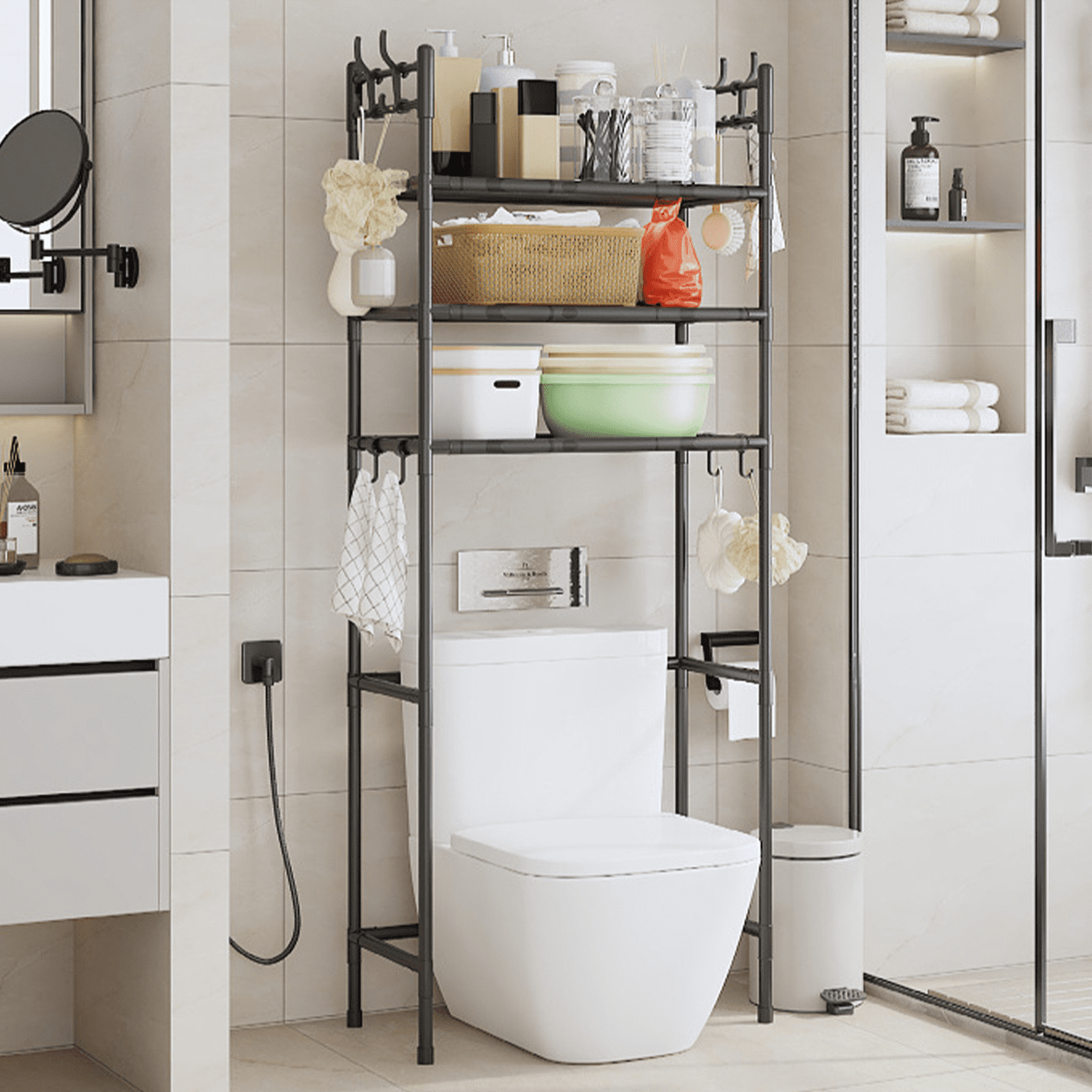 Clearance! Over The Toilet Storage Shelf, 3-Tier Above Toilet Storage Organizer Rack with Hooks, Freestanding Bathroom Tower Shelf Unit for - Image 2