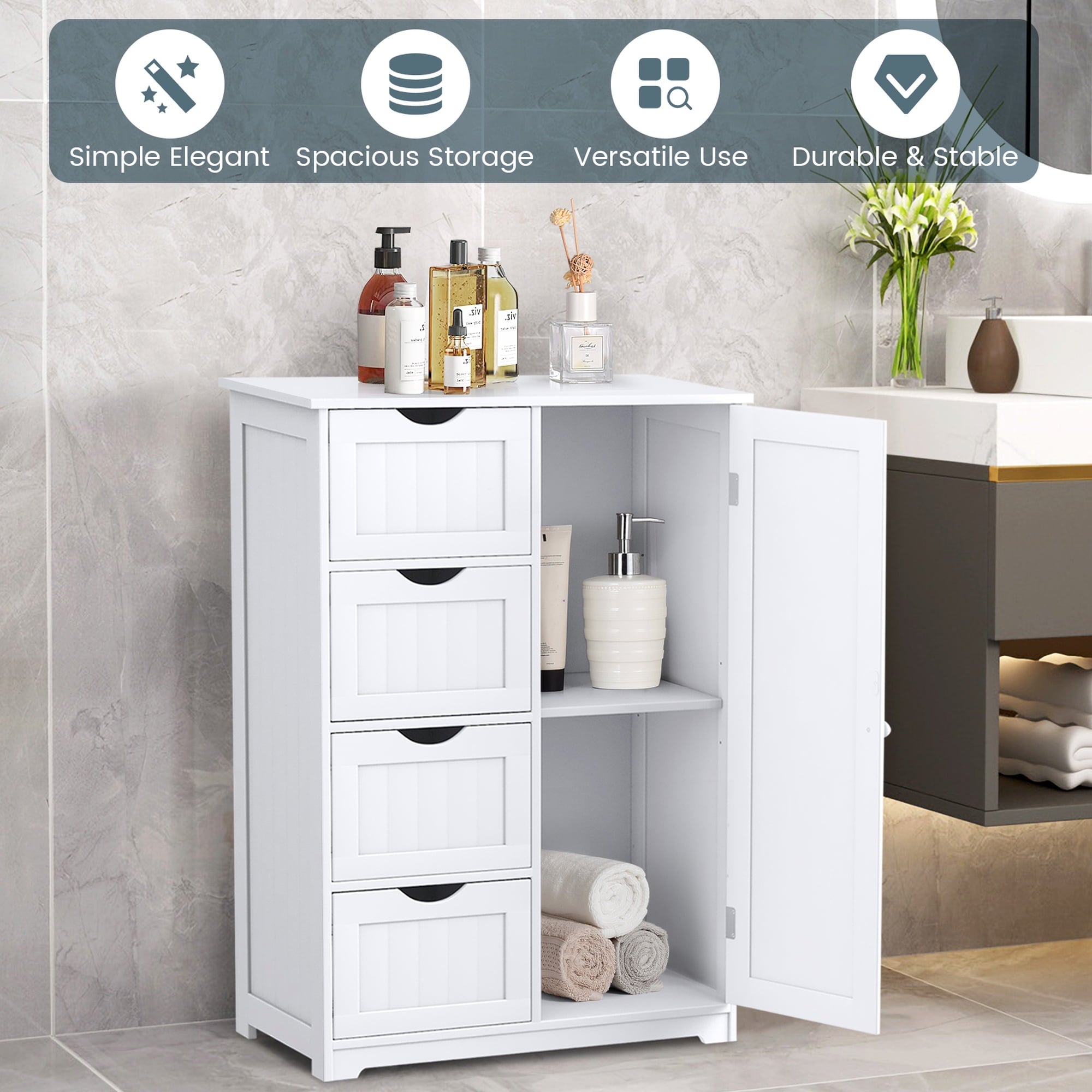Costway Wooden 4 Drawer Bathroom Cabinet Storage Cupboard 2 Shelves Free Standing White - Image 6