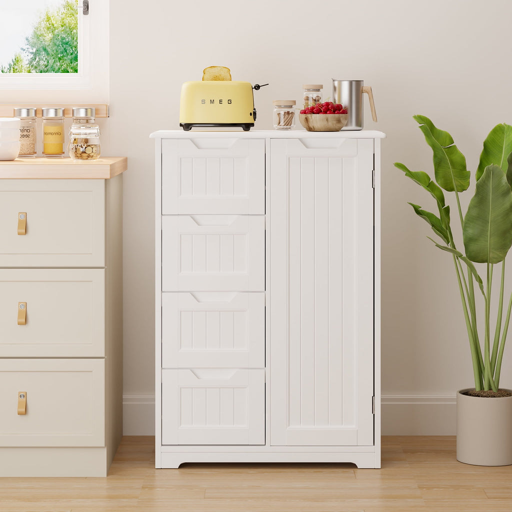 Bathroom Floor Cabinet Wooden Storage Organizer with 4-Drawer & 1 Door, Free-Standing Cupboard for Bathroom Kitchen, ... - Image 4
