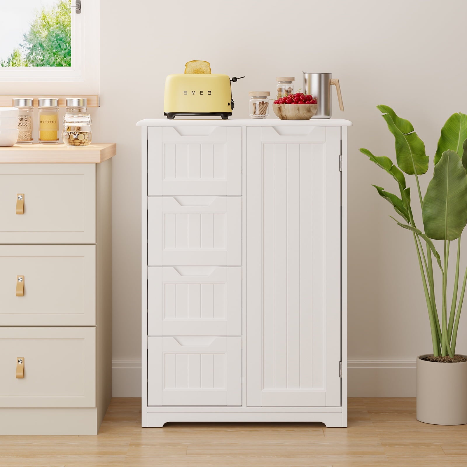 Bathroom Floor Cabinet Wooden Storage Organizer with 4-Drawer & 1 Door, Free-Standing Cupboard for Bathroom Kitchen, ... - Image 4