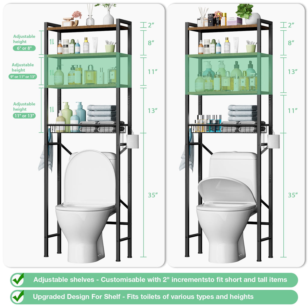 The Toilet Storage Shelf, 4-Tier Wooden Bathroom Organizer Adjustable Saver Space Rack with Toilet Paper Holder, Vint... - Image 3