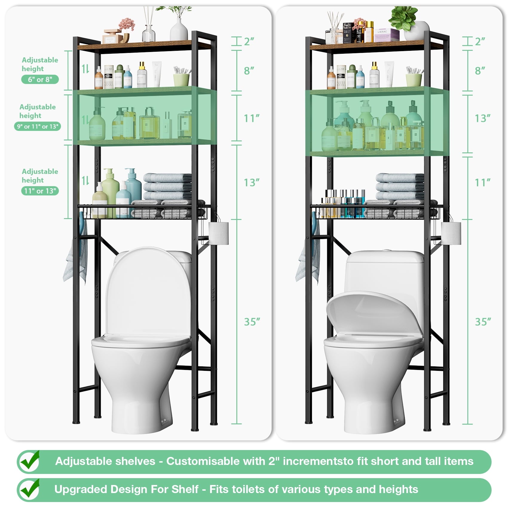 The Toilet Storage Shelf, 4-Tier Wooden Bathroom Organizer Adjustable Saver Space Rack with Toilet Paper Holder, Vint... - Image 3