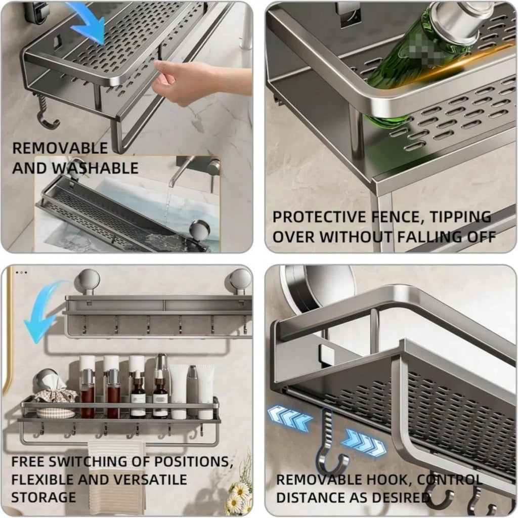 Shower Caddy Suction Cup Large Capacity Wall-Mounted Shower Shelves with Hooks, Rustproof & Fast Draining Heavy Duty Bathroom Shelves for Ki - Image 3