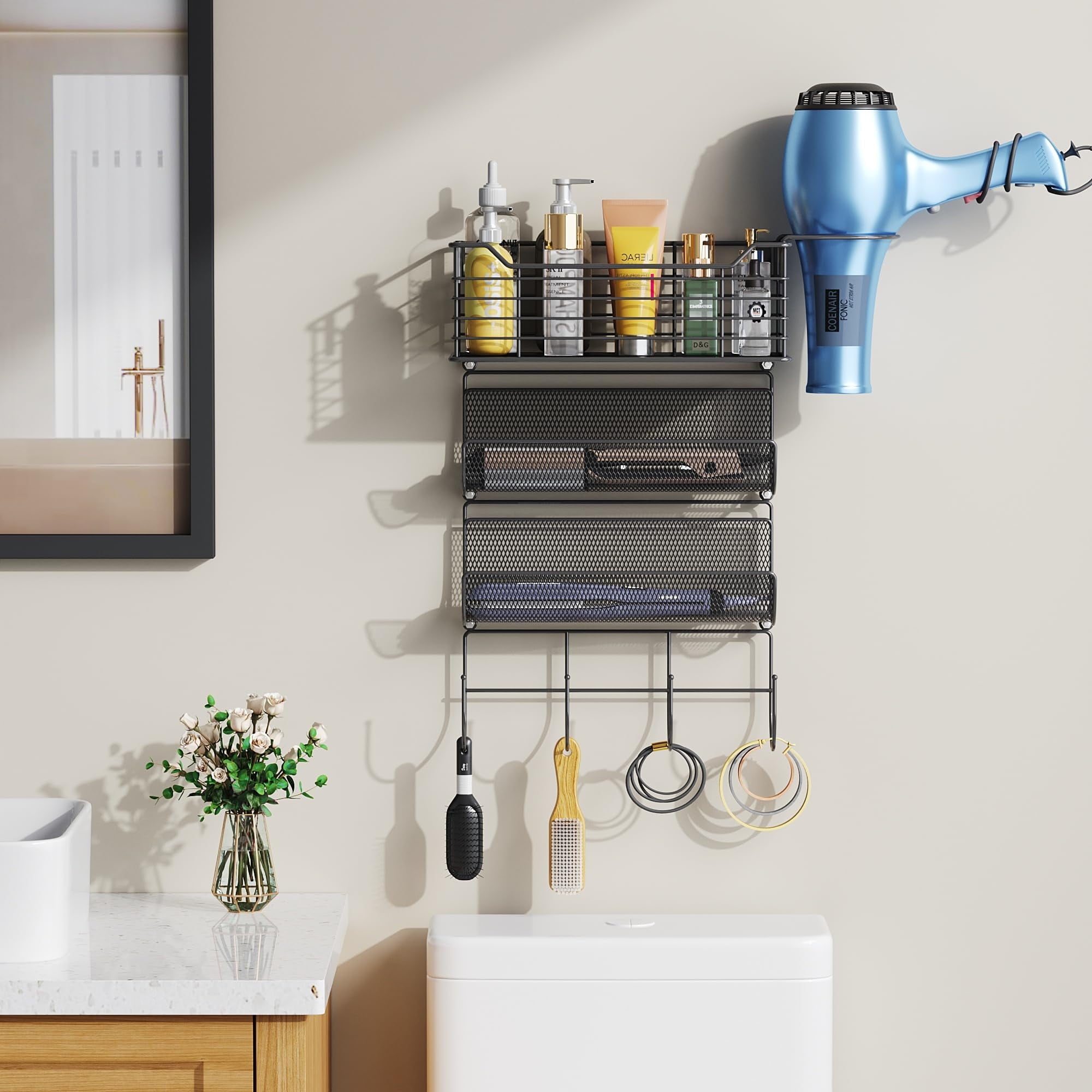 Metal Hair Tool Organizer Wall Mount, Hair Dryer Holder with 3 Tier Shelf Basket Hooks, Bathroom Hair Styling Tool Or... - Image 4