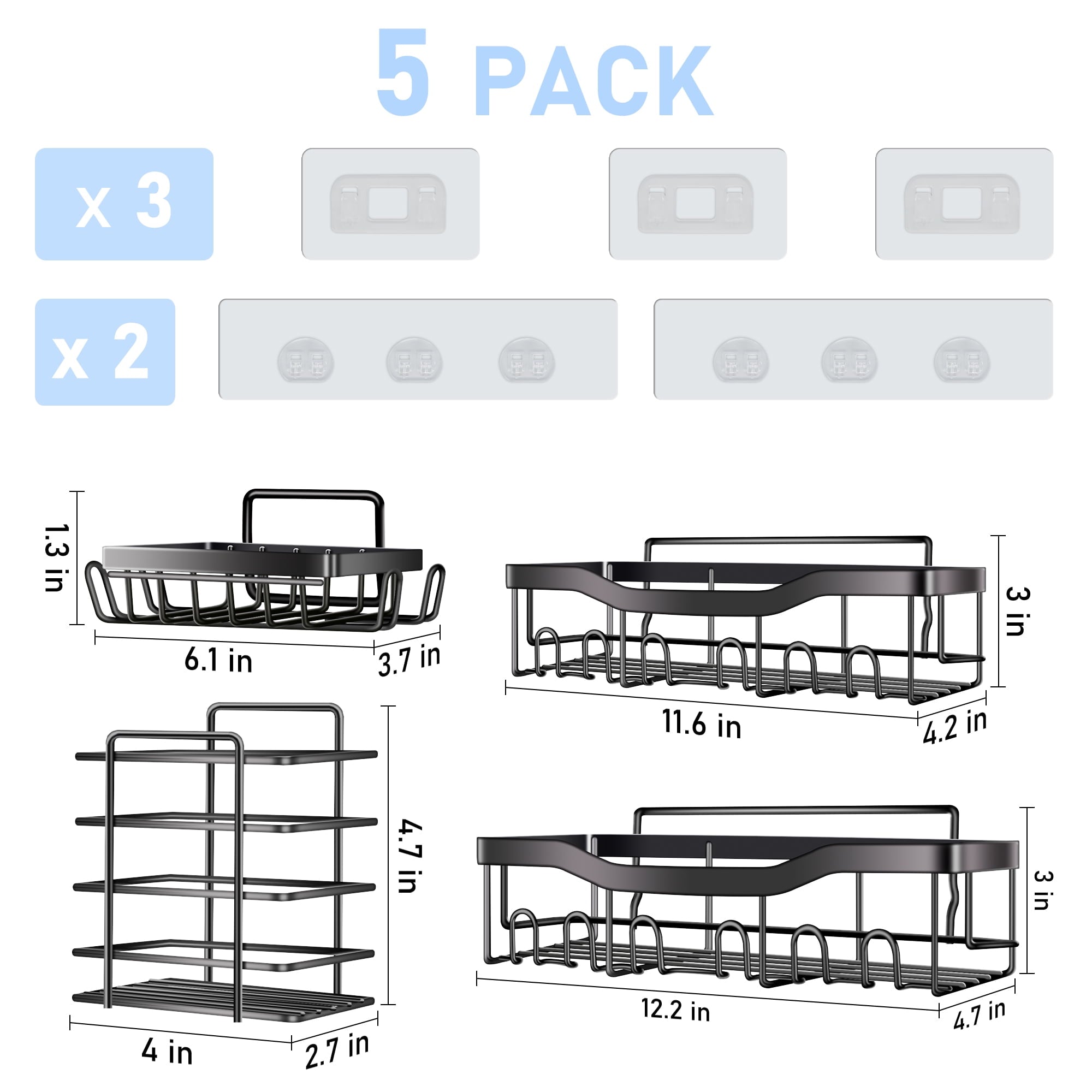 5 Pack Adhesive Shelf, No Drilling Wall-Mounted Bathroom Organizers and Storage Accessories, Black - Image 5