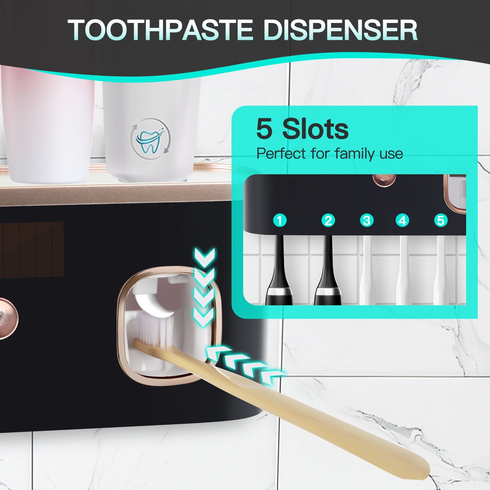Holder for Bathrooms,5-Slot Wall Mount Timing Function Wall Mounted with Toothpaste Dispenser for Electric / Regular - Image 4