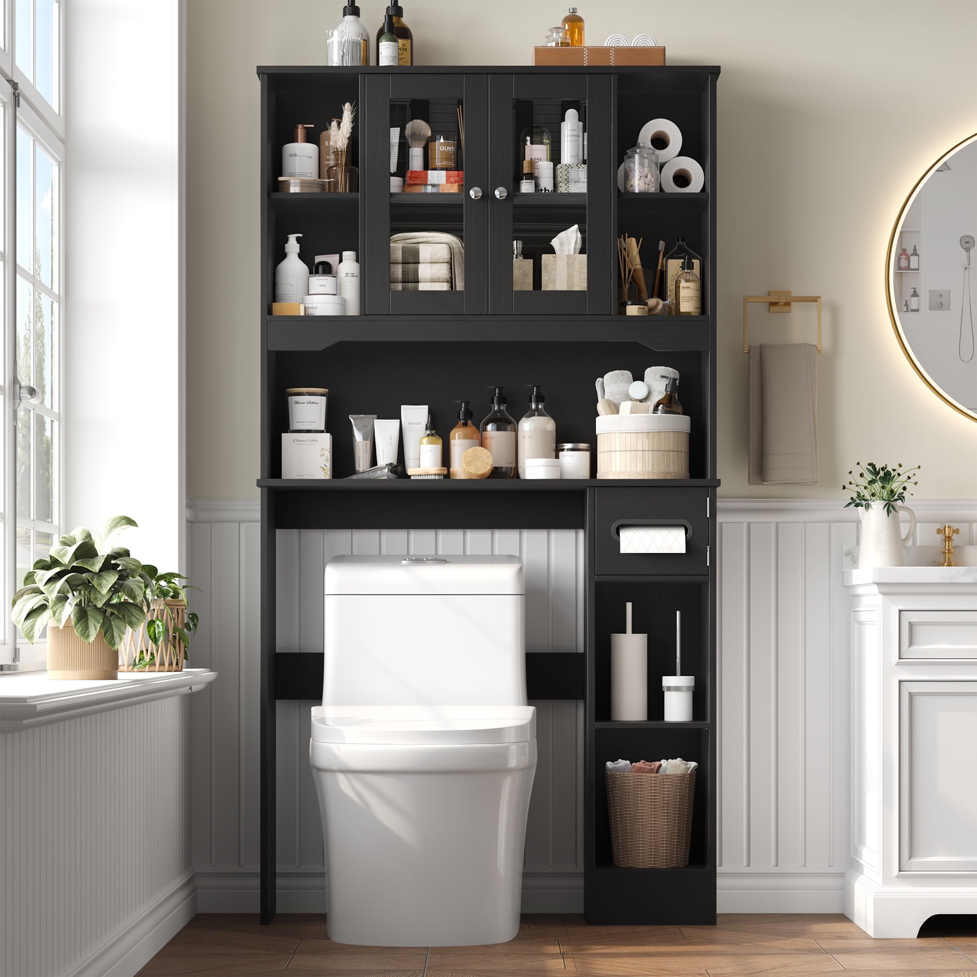 The Toilet Storage Cabinet with Toilet Paper Holder Stand, Above Toilet Organizer with Glass Doors, Behind Toilet She... - Image 5