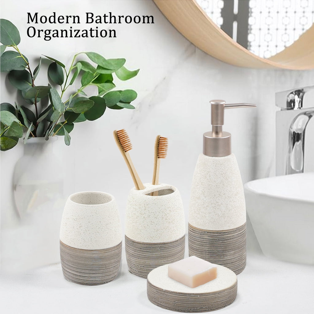 Deluxe Dual Tone White with Clay Bathroom Accessories Set 4 Pcs - Toothbrush Holder, Lotion Soap Dispenser, Bathroom ... - Image 2