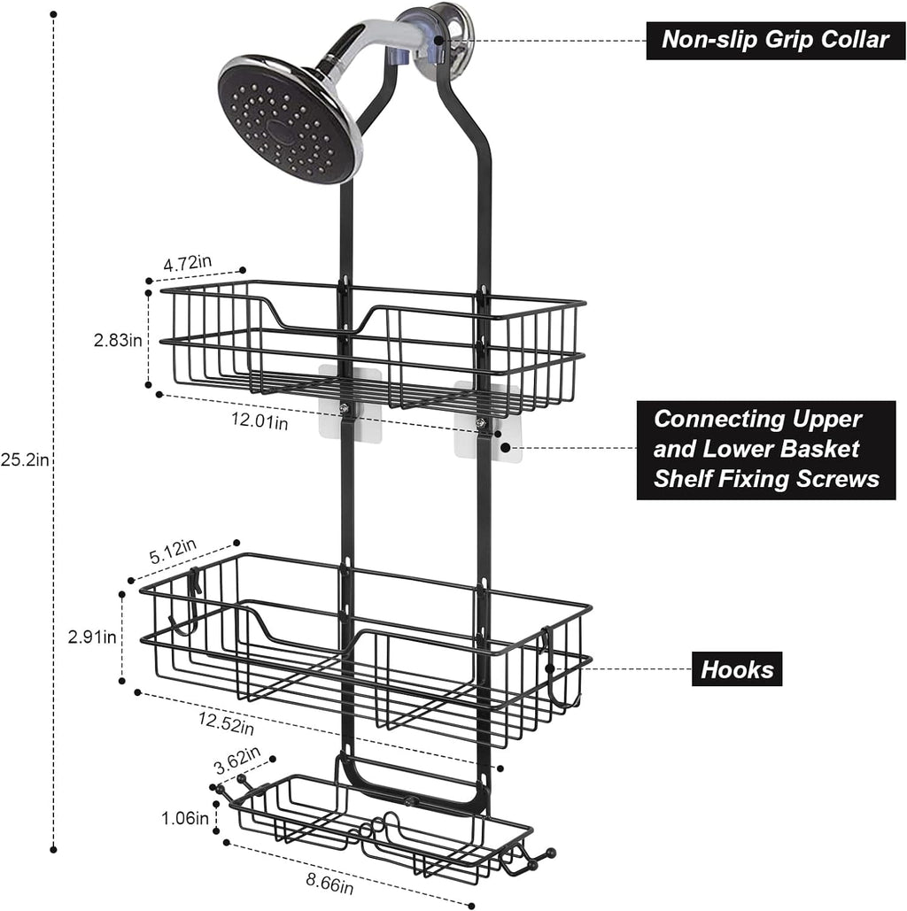 Over Head Shower Organizer, 3 Shelves Hanging Shower Caddy with Hooks, Bathroom Storage Rack for Razor Shampoo and Sponge, Rustproof, No Dri - Image 5