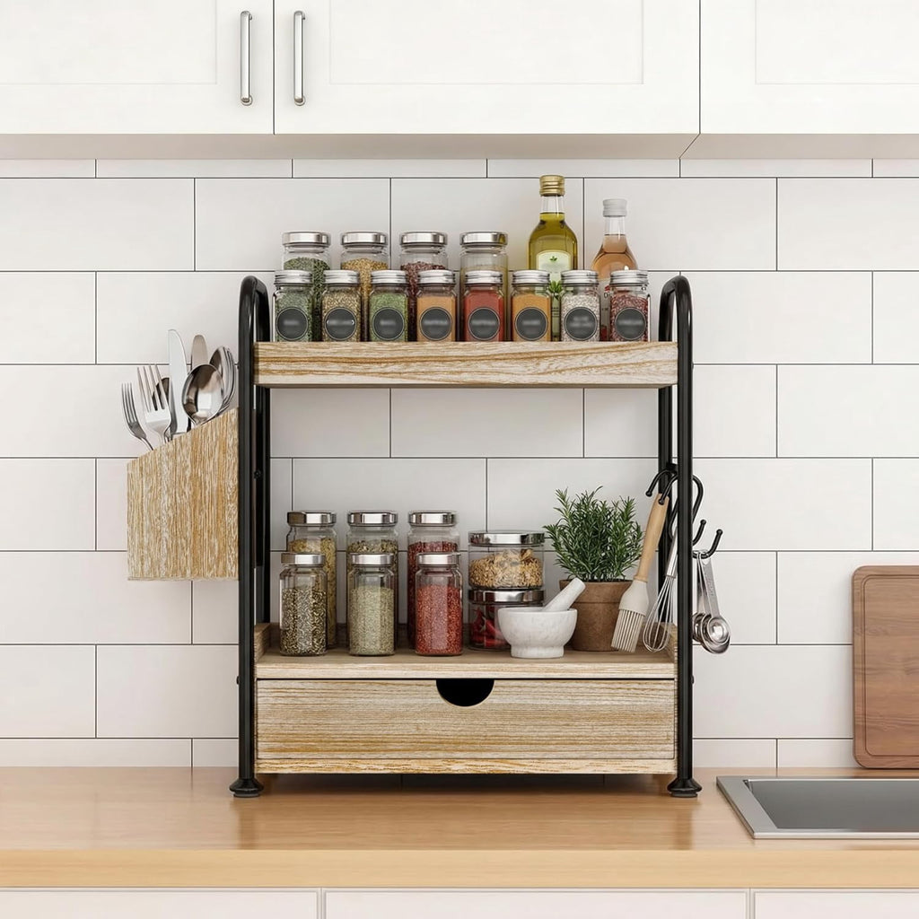 2 Tier Bathroom Counter Organizer with Drawer, Wooden Vanity Skincare Storage Shelf with Thickened Iron Frame, Countertop Shelves with Baske - Image 5