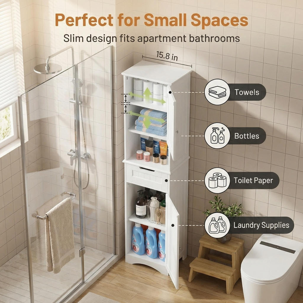 67" Narrow Bathroom Storage Cabinet, Freestanding Anti-Tipping Adjustable Shelf for Small Space | Bathroom | Kitchen,... - Image 2