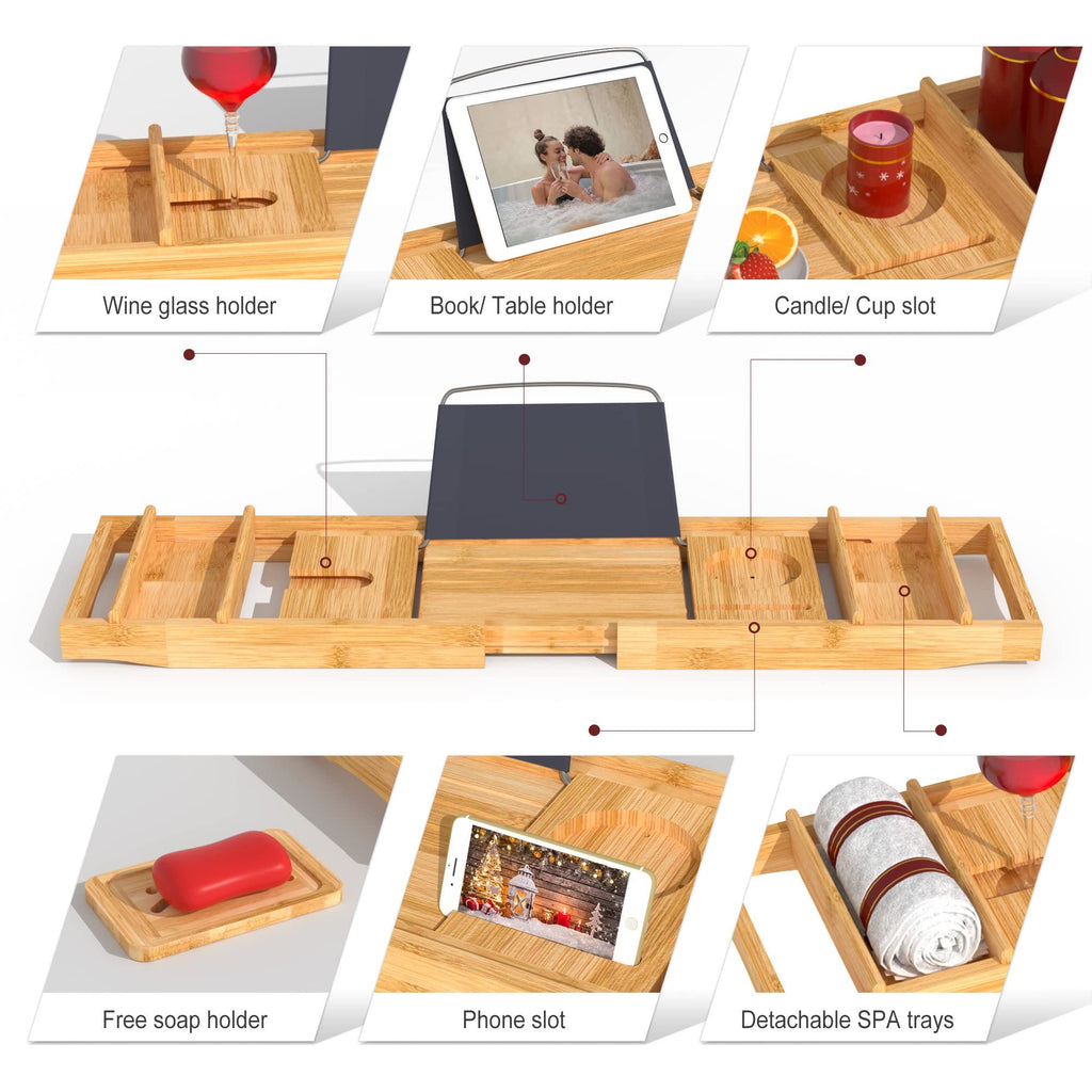 Bambloom Luxury Bathtub Tray,Bamboo Expandable Bath Tub Tray Table with Brush & Soap Holder,Natural - Image 5