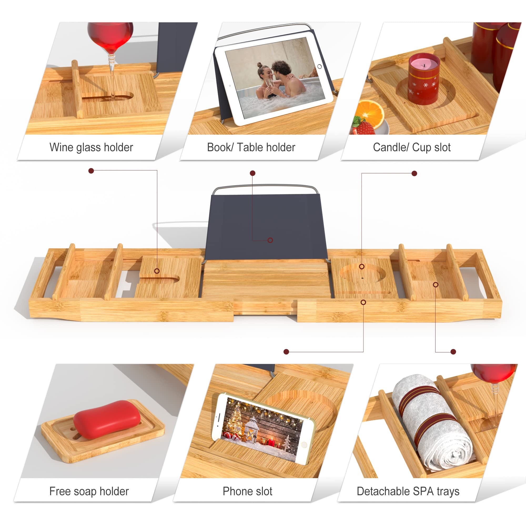 Bambloom Luxury Bathtub Tray,Bamboo Expandable Bath Tub Tray Table with Brush & Soap Holder,Natural - Image 5