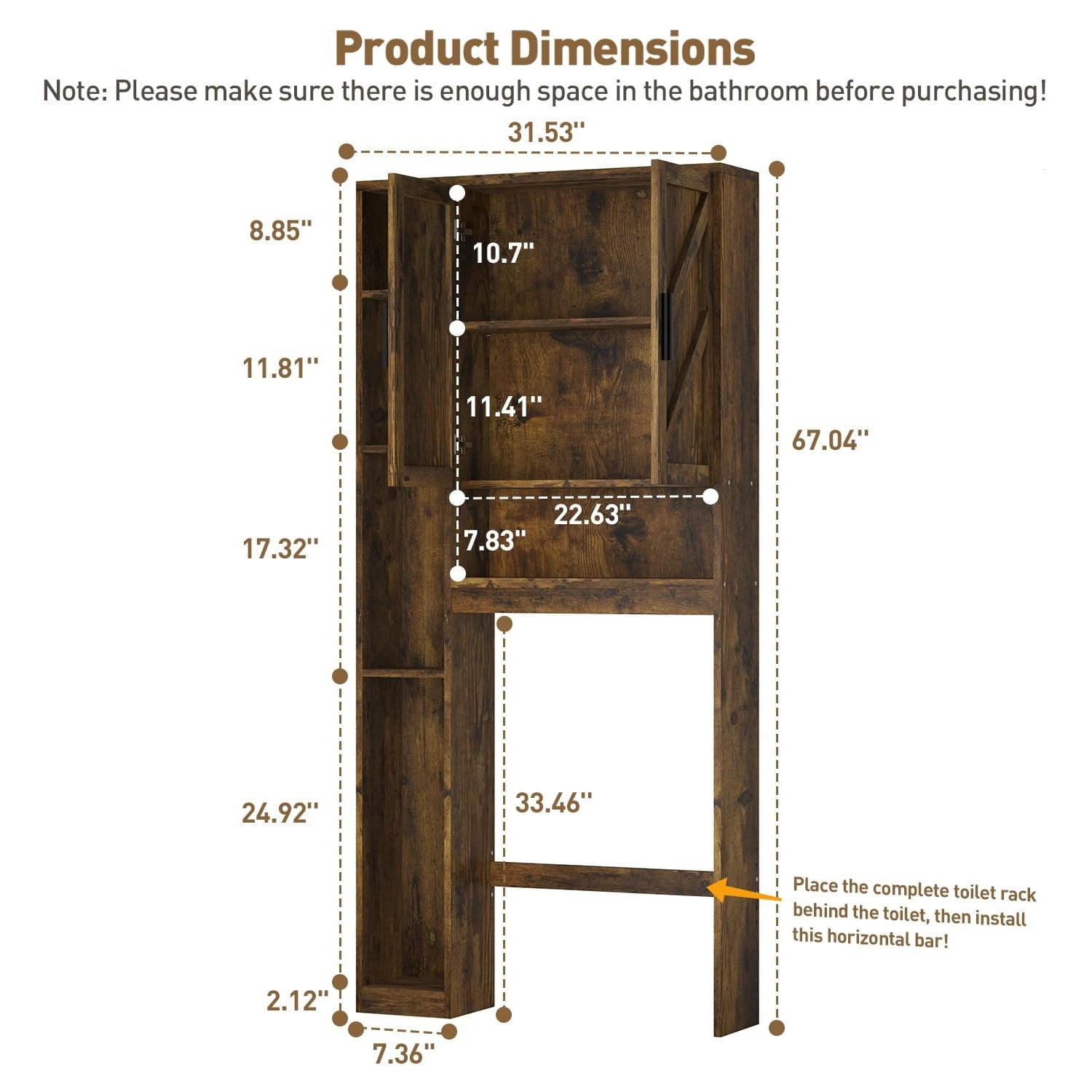 The Toilet Storage Cabinet with 7 Shelves, Double Doors, Bathroom Space Saver Organizer, Above Toilet with Open Shelf... - Image 5