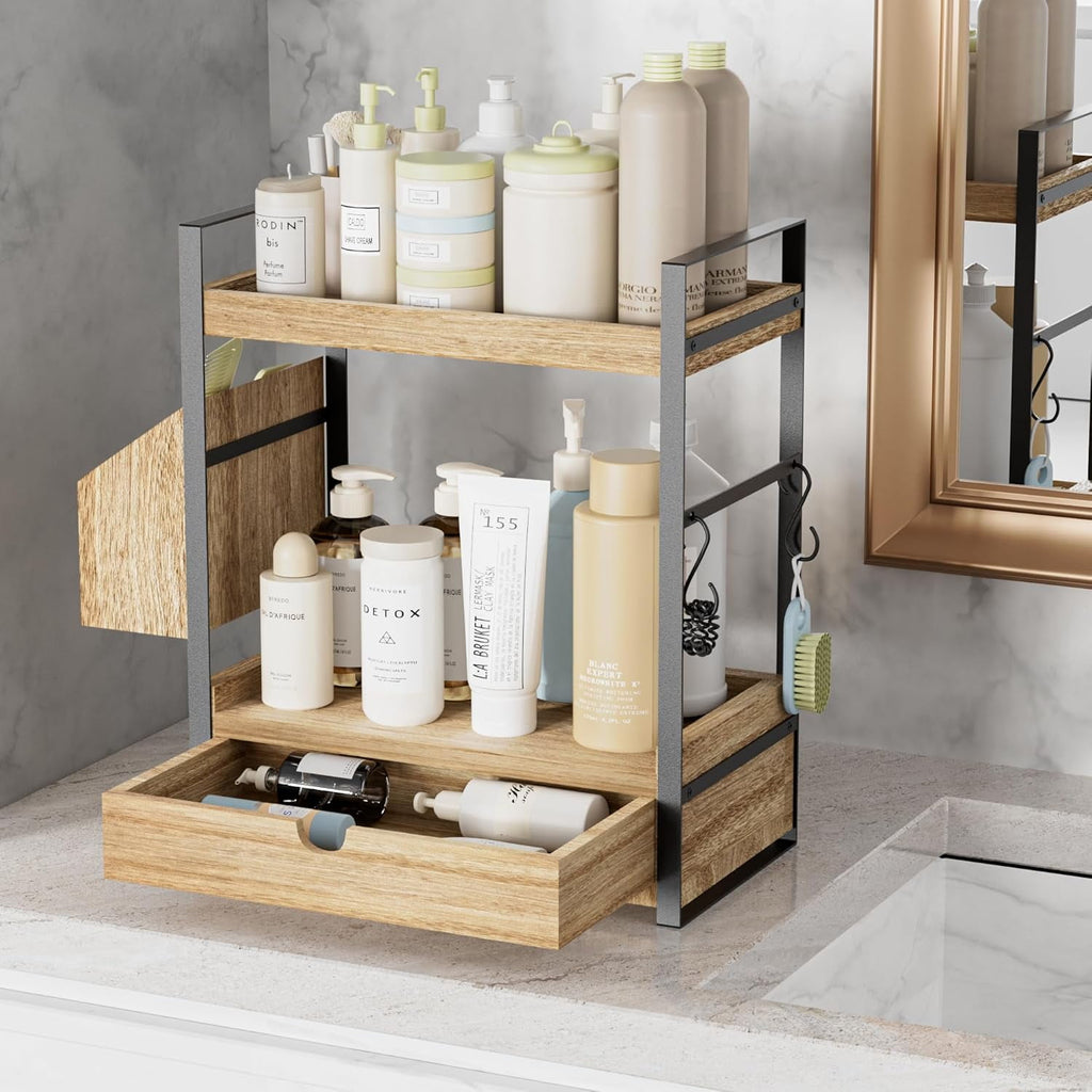 Gijjgole 2-Tier Bathroom Counter Organizer with Drawer and Basket, Wood Countertop Organizer for Storage, Skincare Organizers for Vanity, Co - Image 6