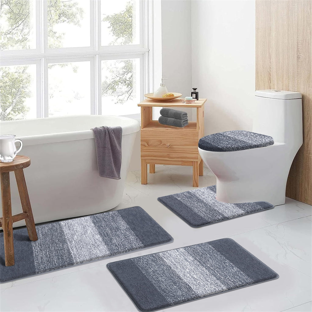 4 Piece Microfiber Washable Bathroom Rug Set, Grey - Image 5