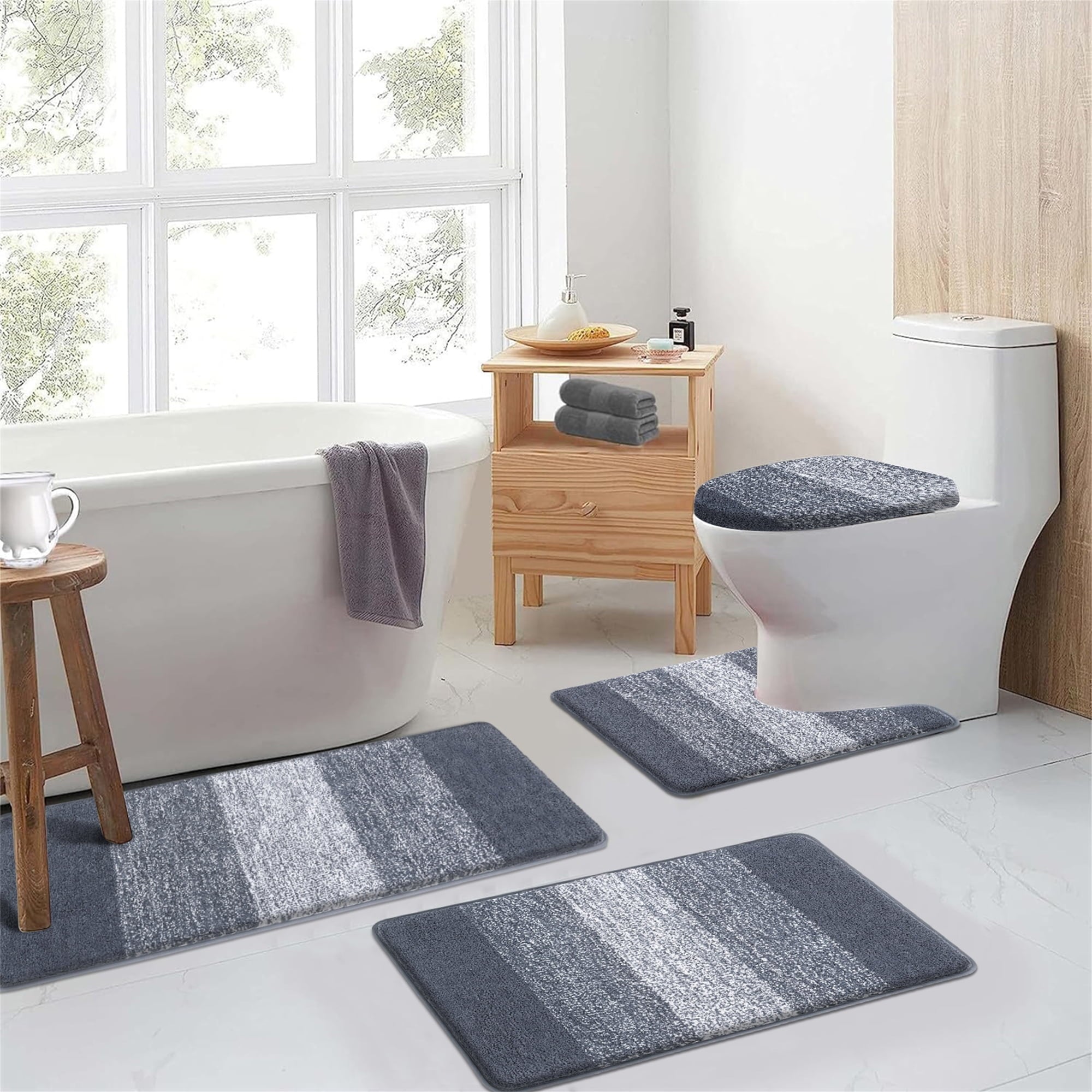 4 Piece Microfiber Washable Bathroom Rug Set, Grey - Image 5