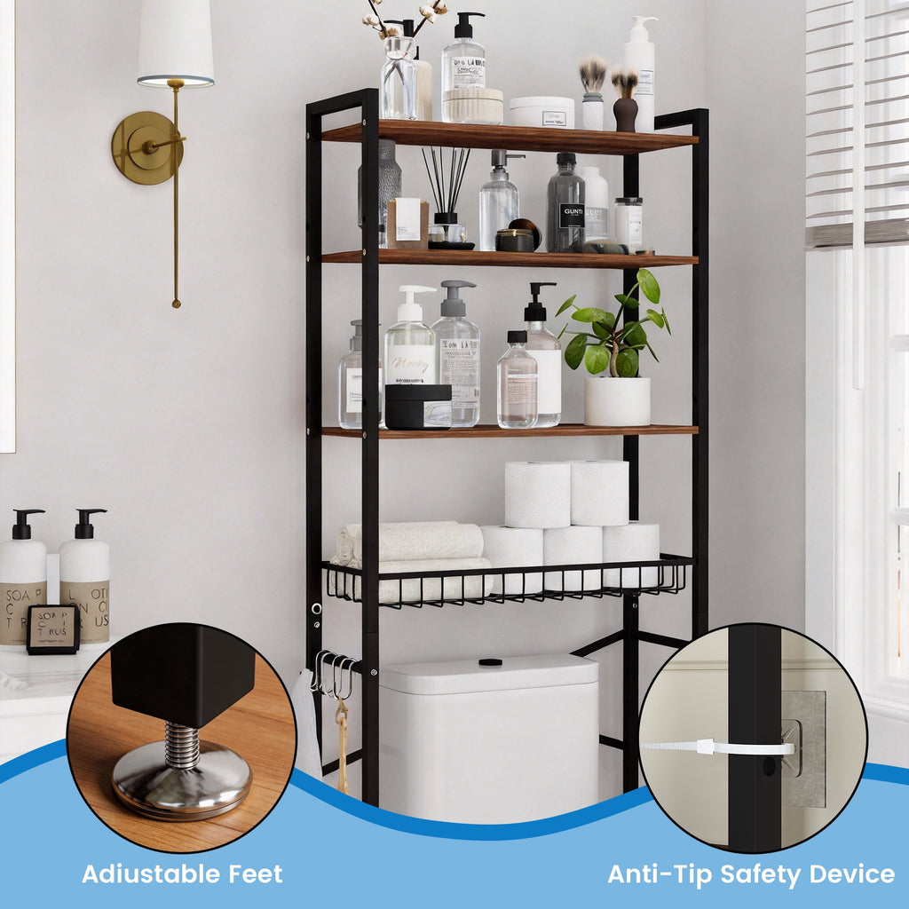 GARITIN Over The Toilet Storage Shelf, 4-Tier Bathroom Organizer with Hooks & Toilet Paper Holder, Over Toilet Storage Rack for Small Bathro - Image 5