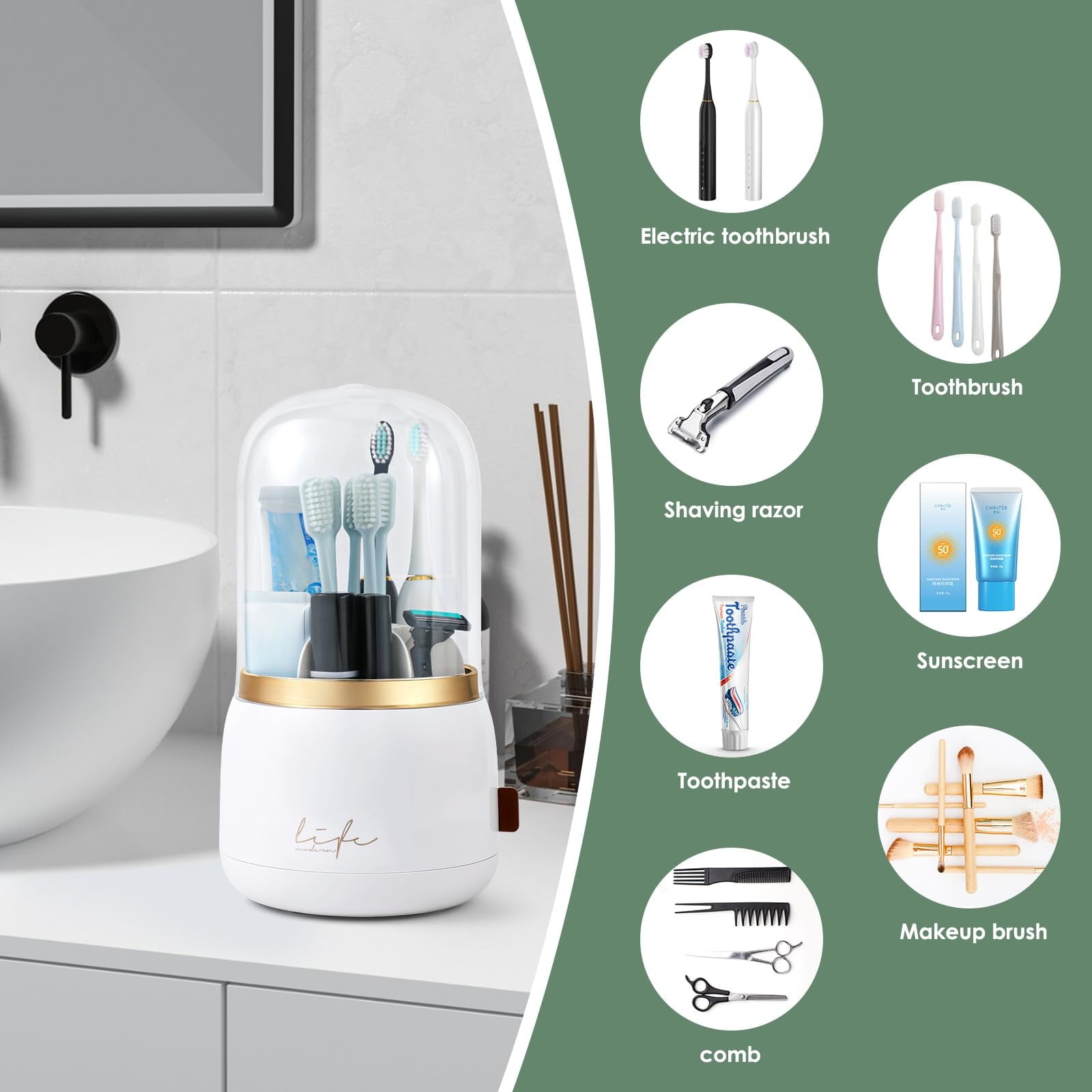 with Cover for Bathrooms 360 Rotating 7-Slot Organizer and Toothpaste Stand, Covered with Drain for Bathroom Countert... - Image 6