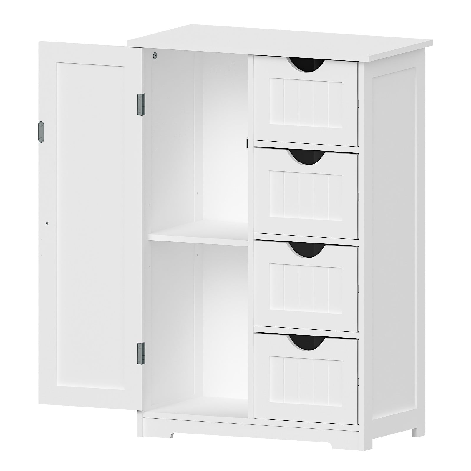 Wooden Bathroom Floor Cabinet, Side Storage Organizer with 4 Drawers, 1 Cupboard & 2-Shelves, White - Image 3