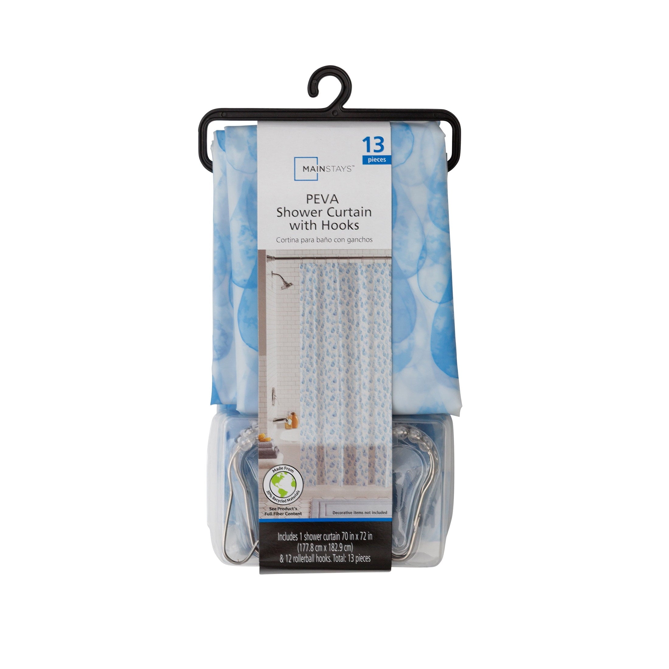 Mainstays Eco-friendly Water Drops Waterproof Recycled PEVA Shower Curtain Set with 12 Hooks, Blue - Image 6