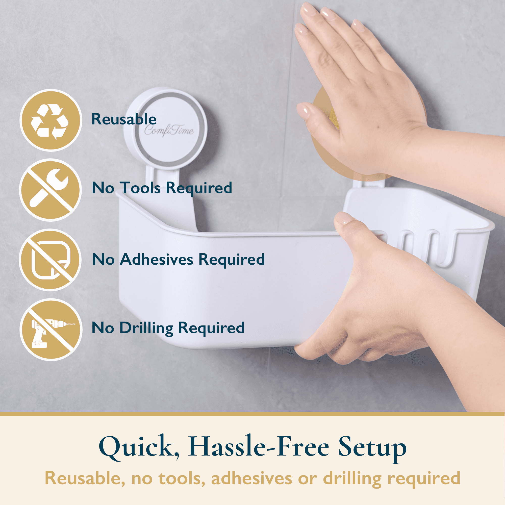 ComfiTime Suction Cup Shower Caddy, Soap Holder & Toothbrush Holder Set – No-Drill/Adhesive, Durable Bathroom Shelf Organizer, Removable Pla - Image 2