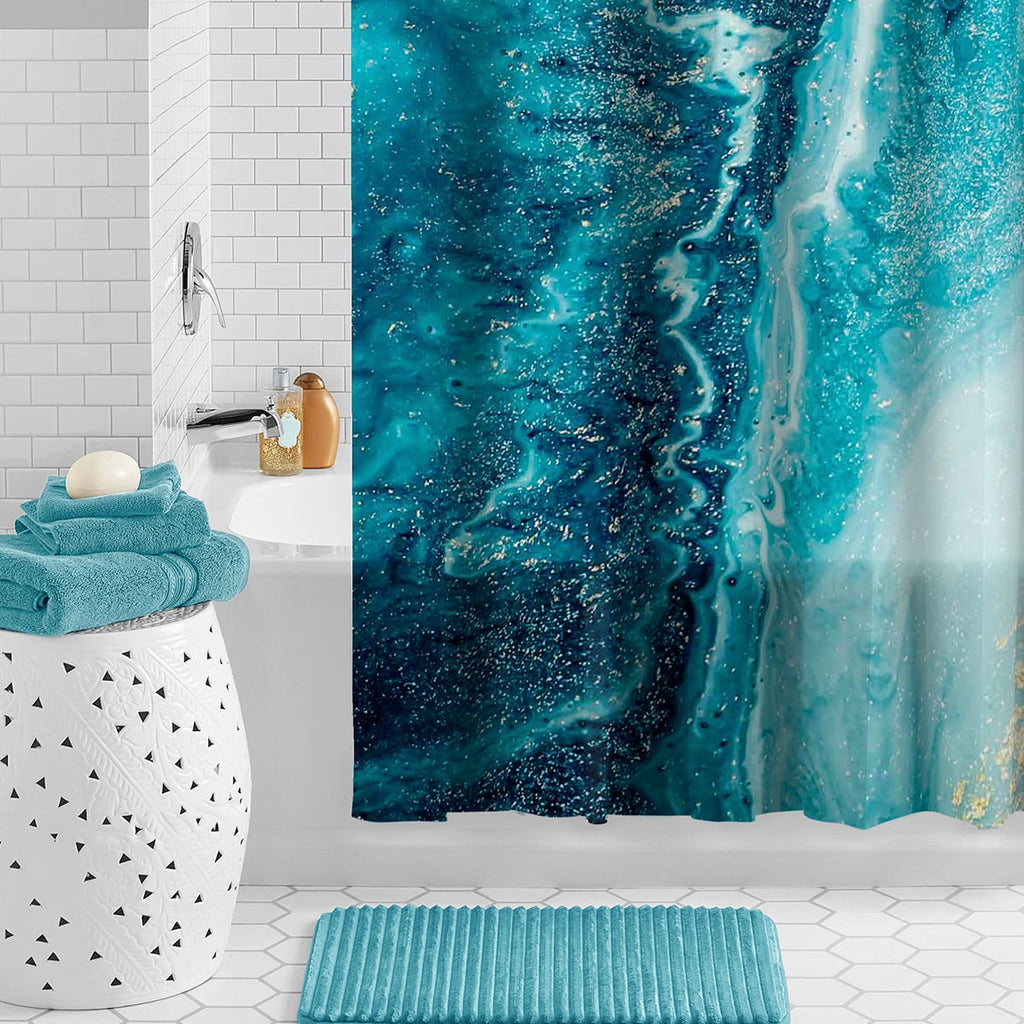Marble 30% Recycled Shower Curtain Set & Hooks, 13-Piece, Blue - Image 6