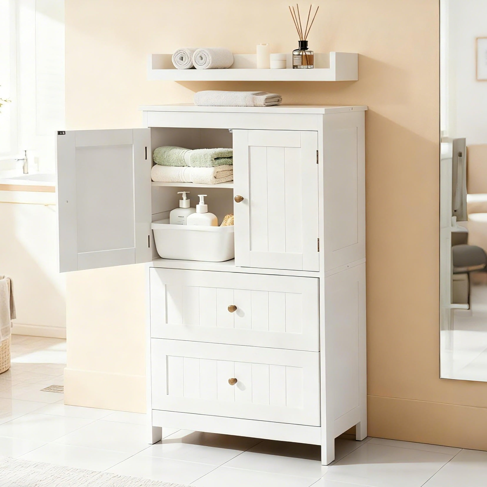 Bathroom Floor Storage Cabinet, Freestanding Cabinet with 2 Doors 2 Drawers, Adjustable Shelves, White - Image 2