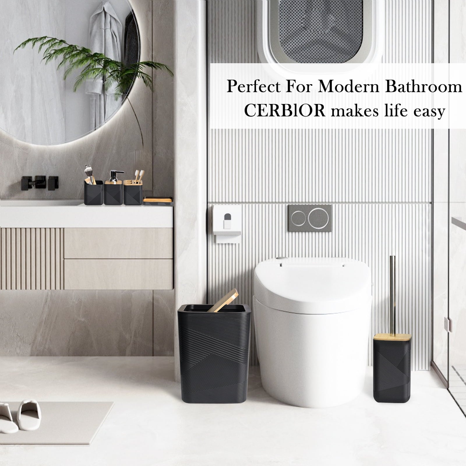 Bathroom Accessories Set 6 Piece Bamboo Bath Ensemble Includes Soap Dispenser, Toothbrush Holder, Toothbrush Cup, Soa... - Image 2