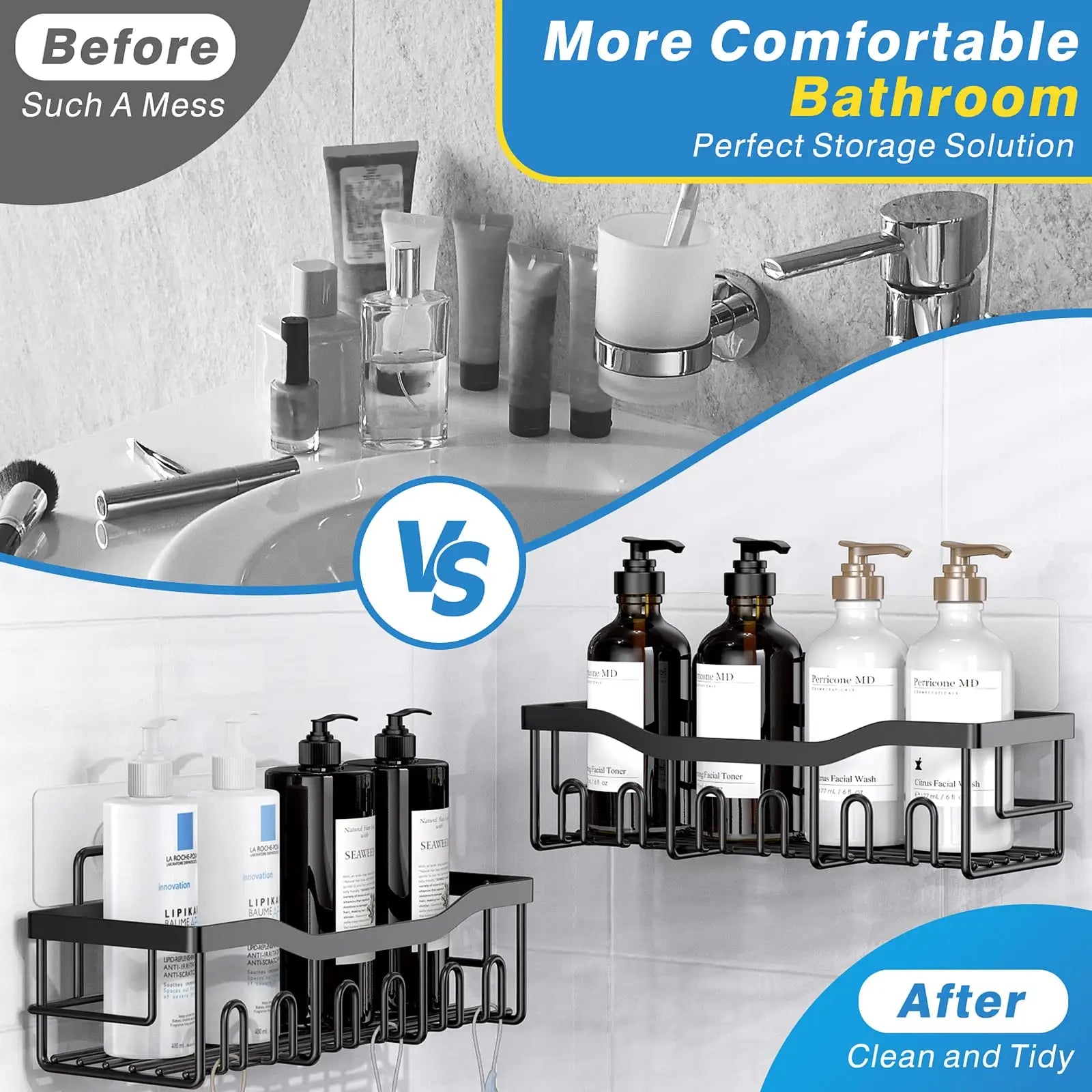 Stainless Steel Shower Caddy, 5 Shelves, Kitchen Organizer, No Drilling with Strong Adhesive Mount, Rustproof, Black. - Image 6