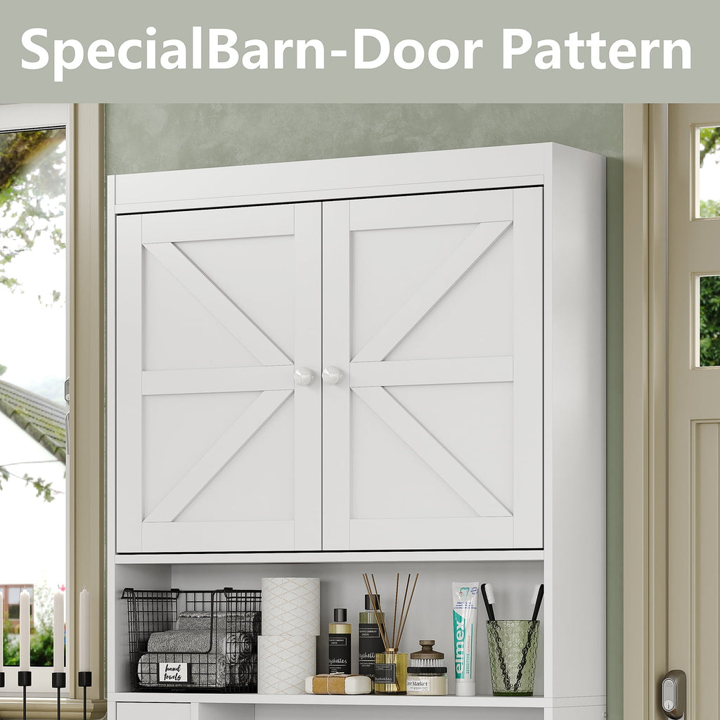 The Toilet Storage Cabinet with Barn Doors, Farmhouse Bathroom Toilet Shelf Space Saver with Toilet Paper Holder, White - Image 6