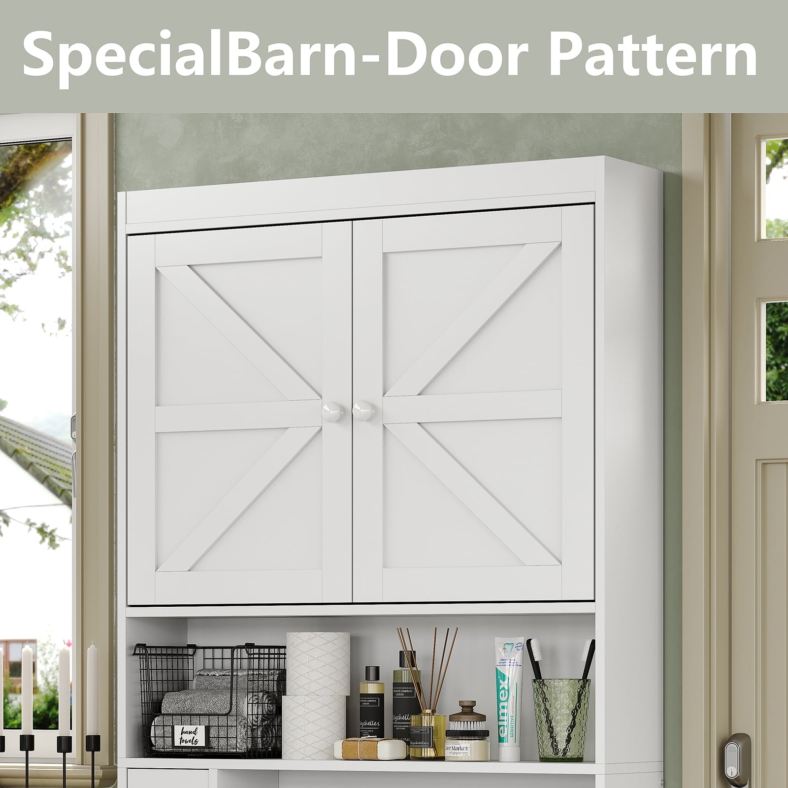 The Toilet Storage Cabinet with Barn Doors, Farmhouse Bathroom Toilet Shelf Space Saver with Toilet Paper Holder, White - Image 6
