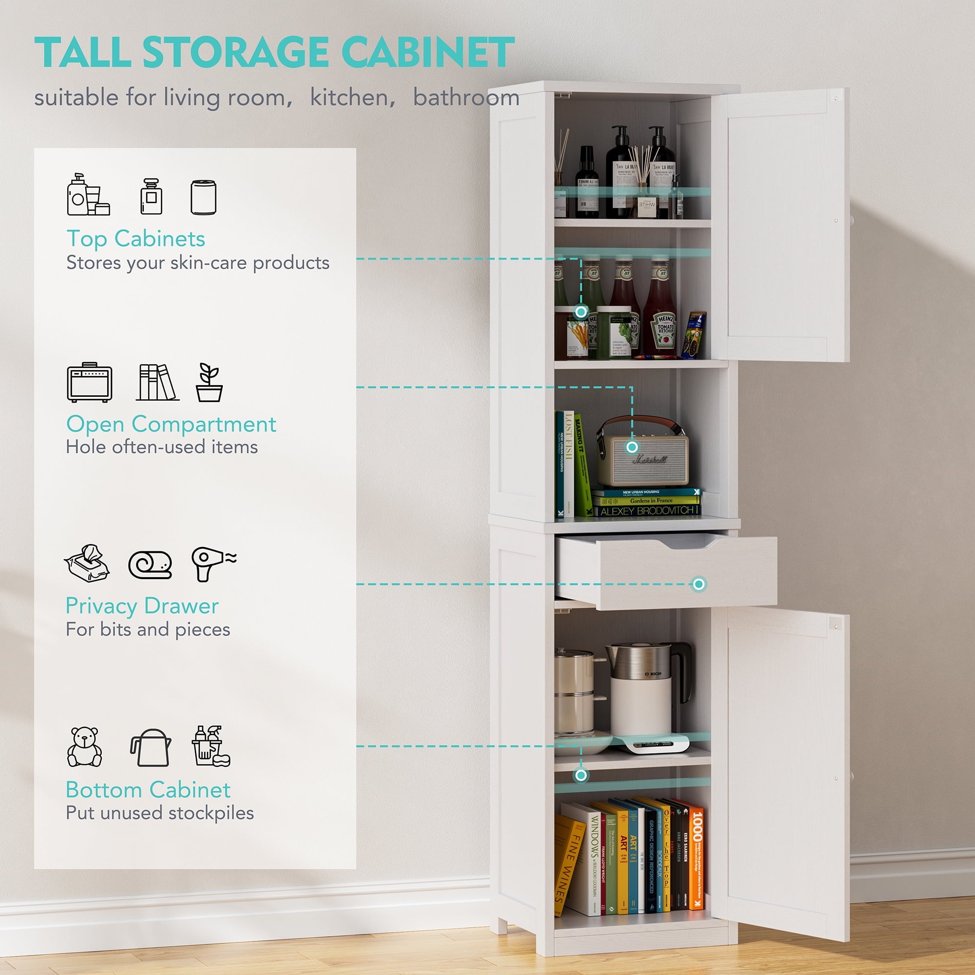 Walsunny Bathroom Storage Cabinet 64" Tall Narrow Wooden Bath Cabinet with Doors Shelves Drawer White - Image 5