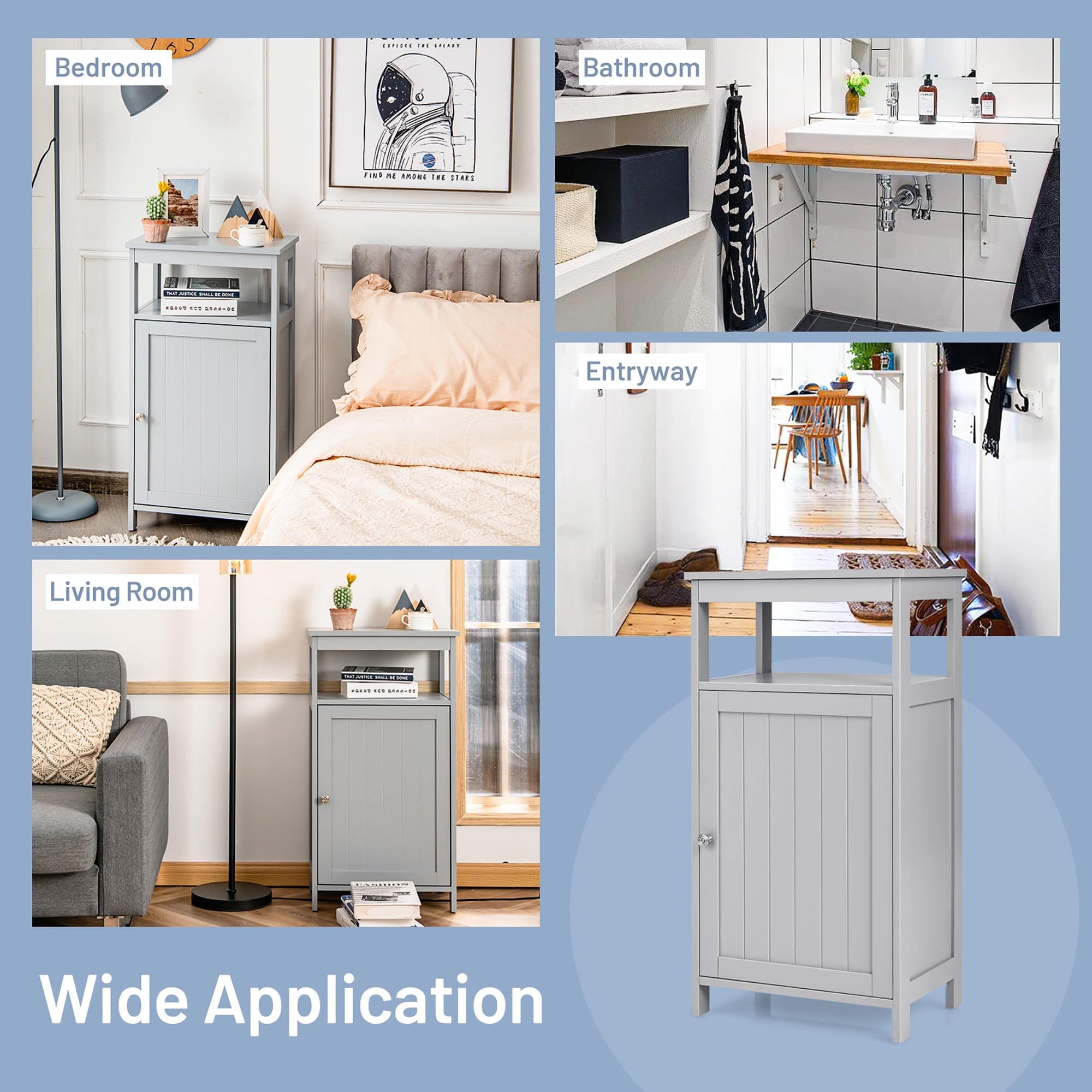 Costway Bathroom Cabinet Wooden Floor Multifunction Storage Rack Organizer Stand Grey - Image 4