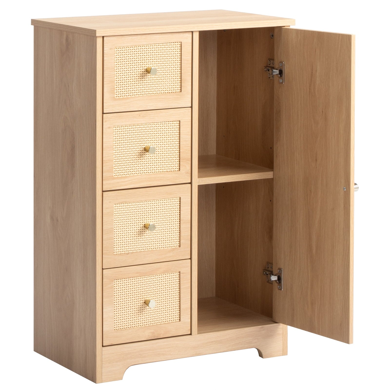 Ktaxon Wooden Bathroom Floor Cabinet, Side Storage Organizer with 4 Drawers, 1 Cupboard & 2-Shelves, Rattan - Image 6