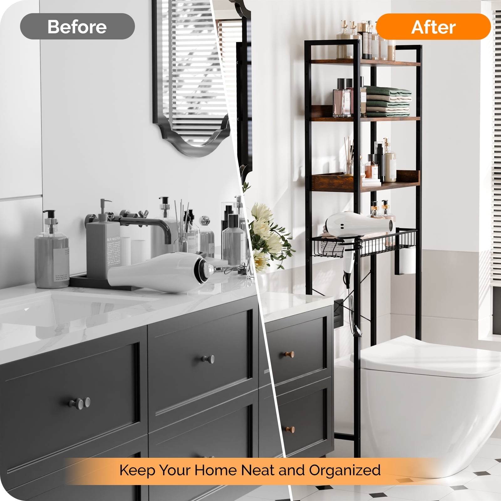3-Shelf The Toilet Bathroom Storage Rack and Shelf with with Wire Baskets, Tissue Hook and Hairdryer Holder, Rotten -... - Image 4
