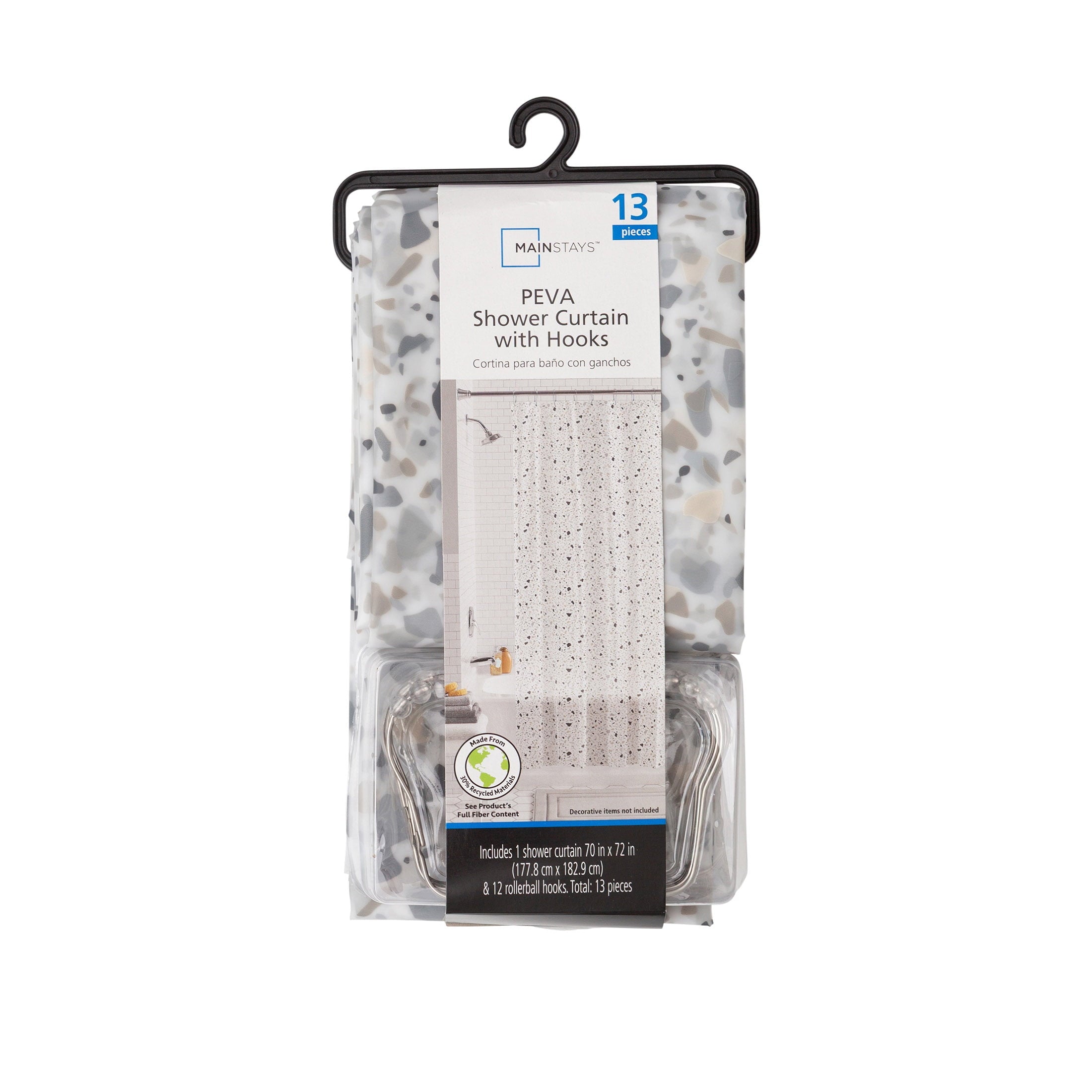 Waterproof Recycled Shower Curtain Set and Hooks, Black, White - Image 6