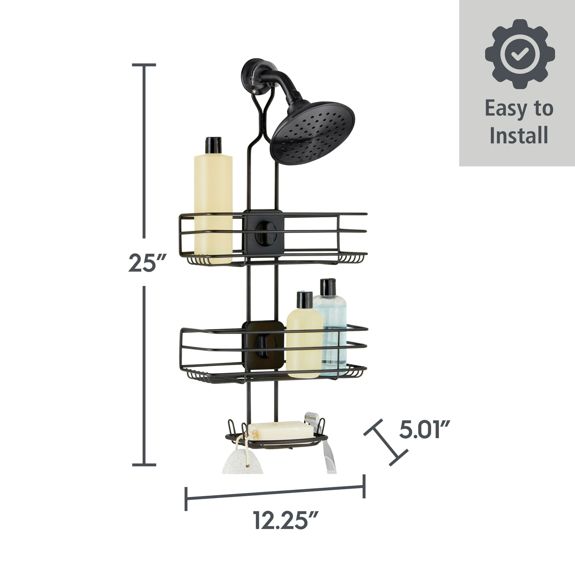 4-Way Adjustable Steel Shower Caddy, with 2 Shelves and Soap Dish, Black - Image 4