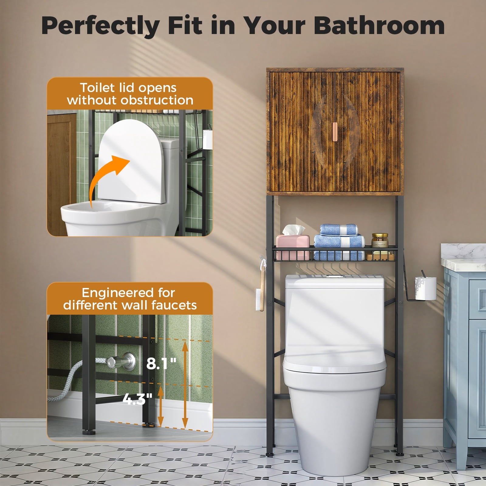 the Toilet Storage Cabinet, Bathroom Storage Organizer with Adjustable Shelf, Toilet Paper Holder & Hooks, Freestandi... - Image 6