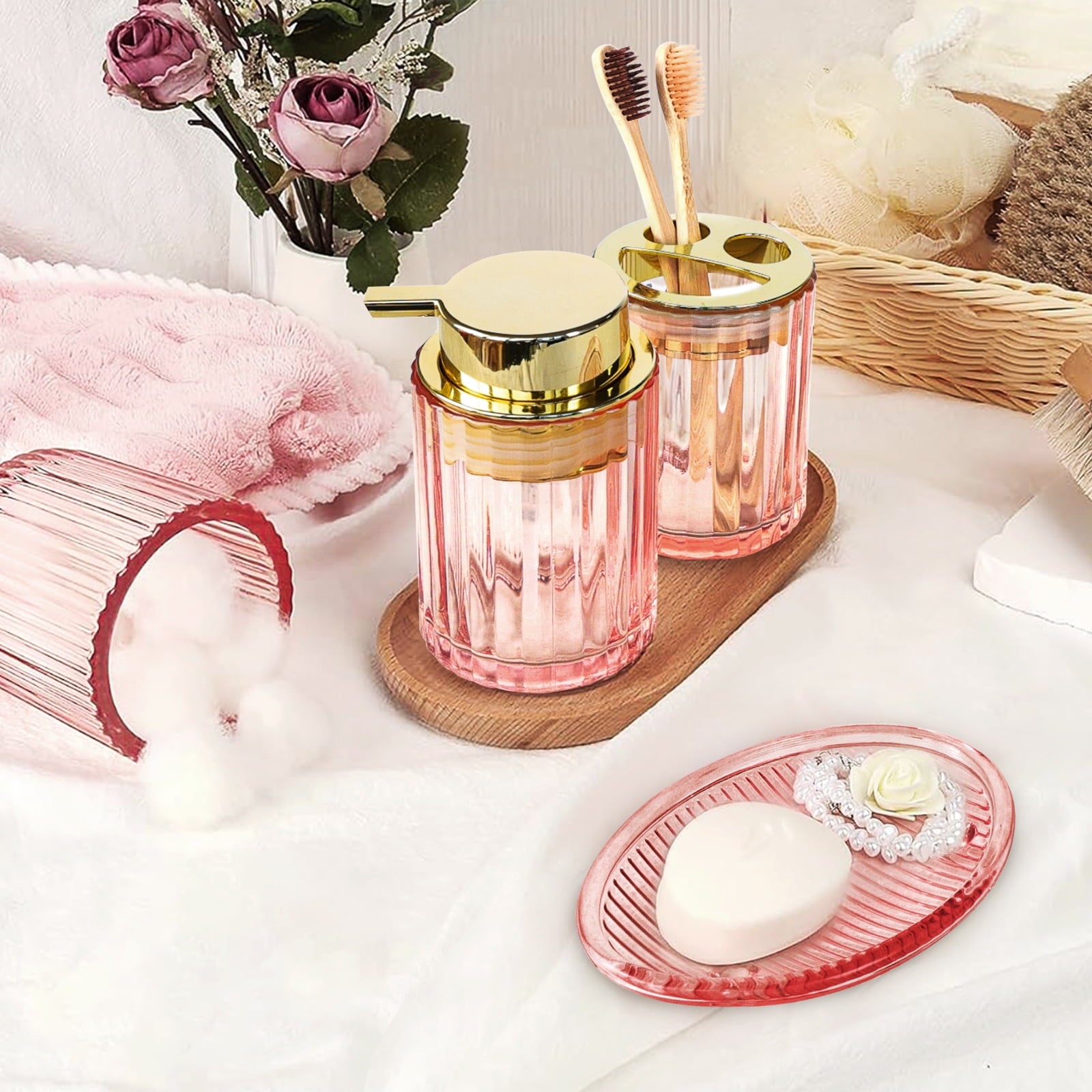 Bathroom Accessories Set, 4 Pcs Glass Bathroom Accessories Sets Complete w/Soap Dispenser, Soap Dish ,Toothbrush Hold... - Image 2
