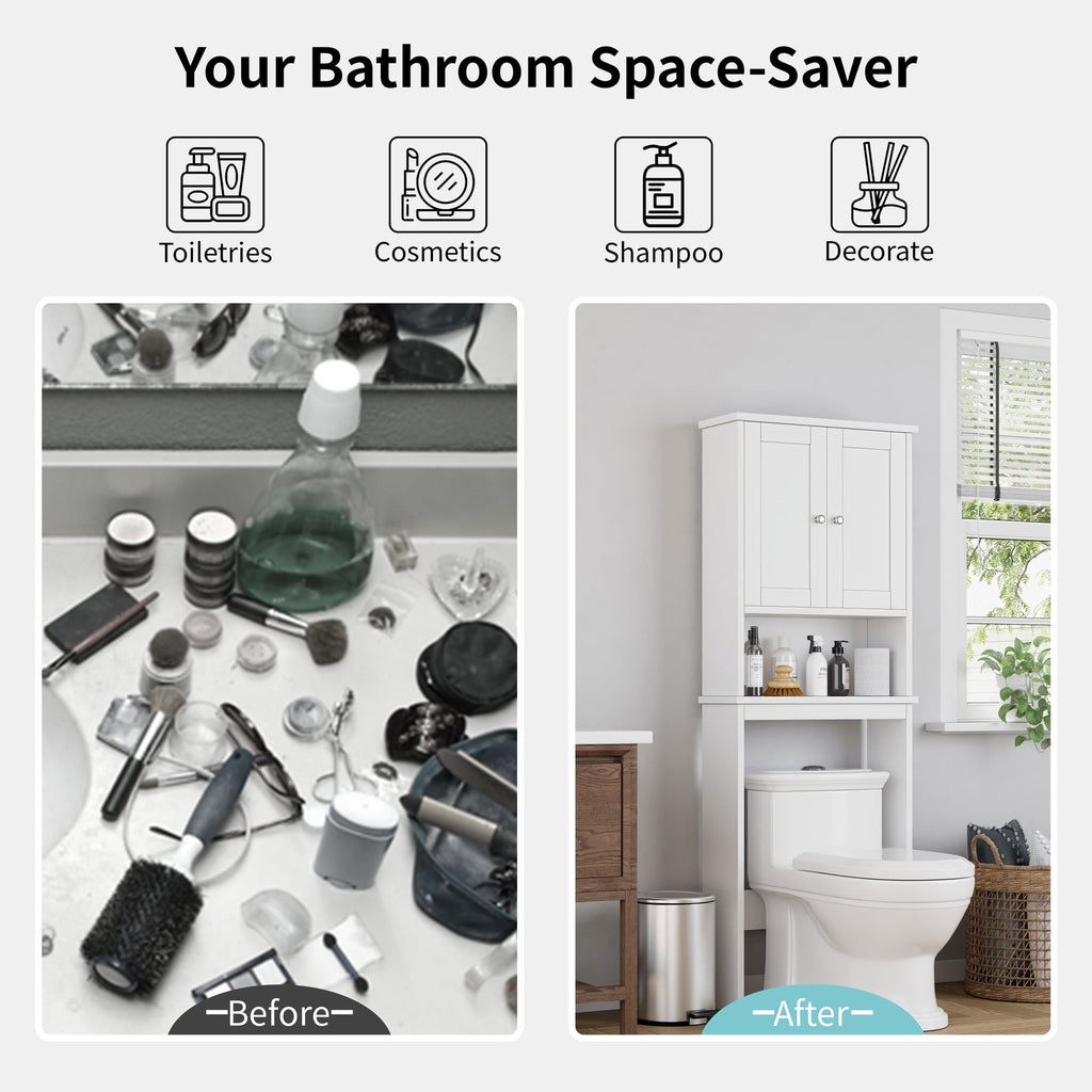 Walsunny Over The Toilet Storage Cabinet Bathroom Shelves Organizer Space Saver Freestanding Restroom Shelf with Doors Anti-Tip Device Adjus - Image 3