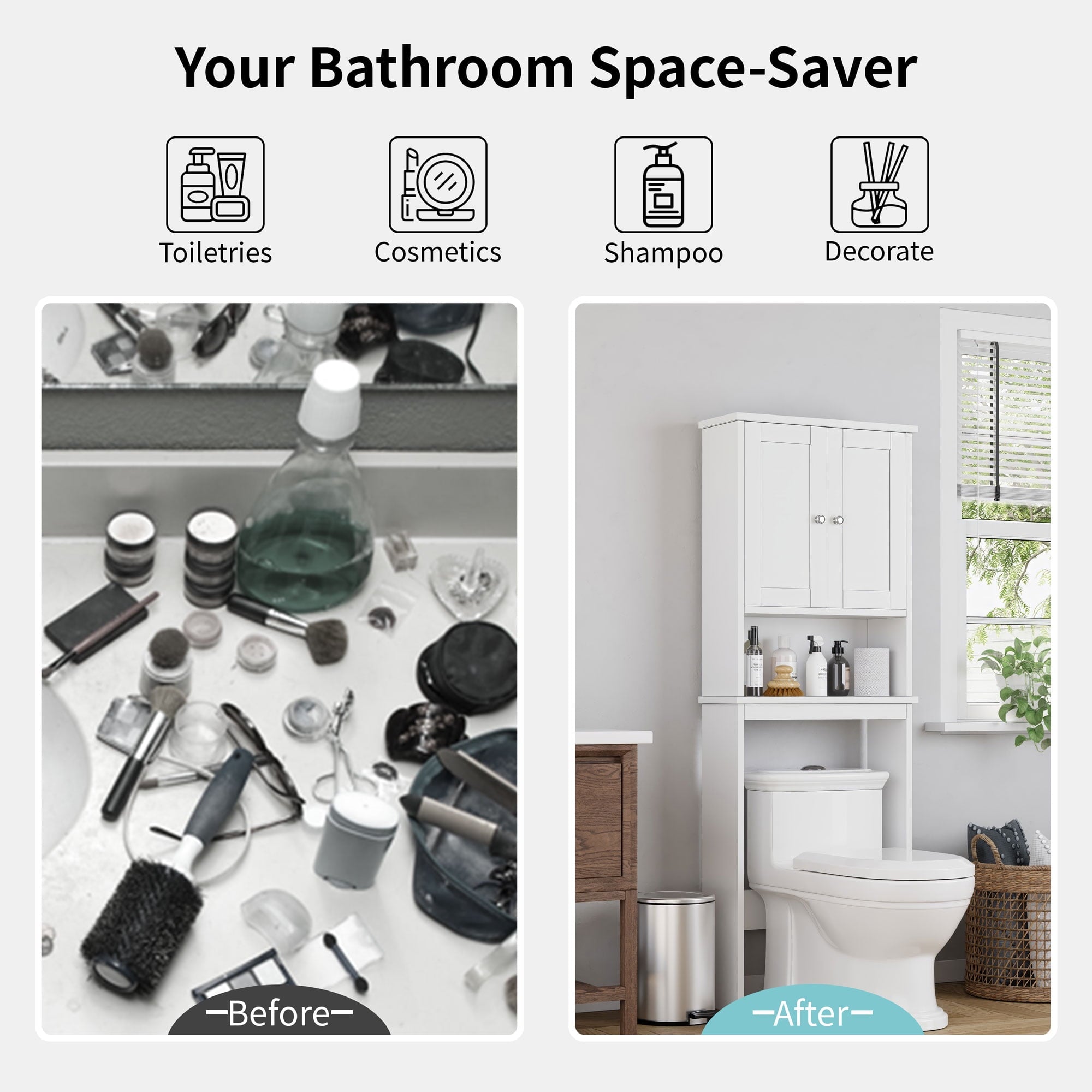 Walsunny Over The Toilet Storage Cabinet Bathroom Shelves Organizer Space Saver Freestanding Restroom Shelf with Doors Anti-Tip Device Adjus - Image 3