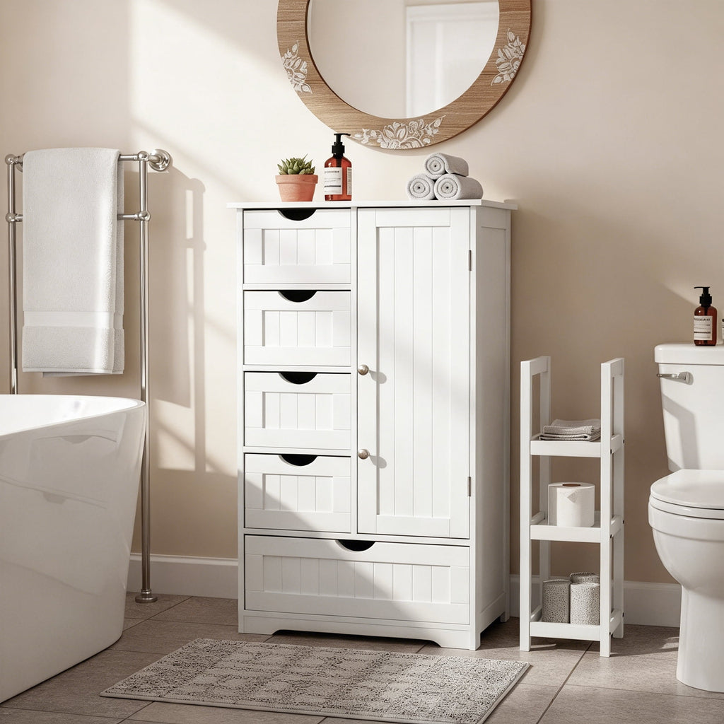 Wooden Bathroom Floor Cabinet, Side Storage Organizer with 5 Drawers, 1 Cupboard & 2-Shelves, White - Image 3