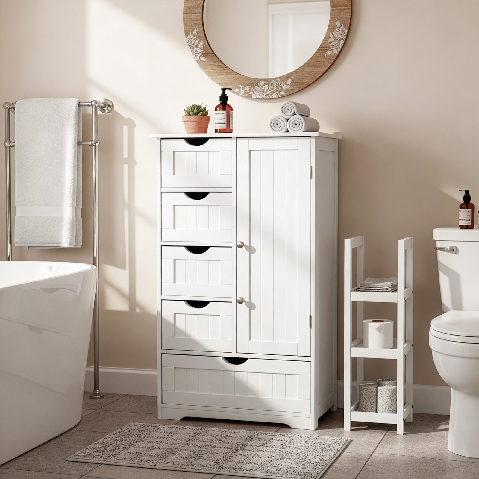 Wooden Bathroom Floor Cabinet, Side Storage Organizer with 5 Drawers, 1 Cupboard & 2-Shelves, White - Image 3